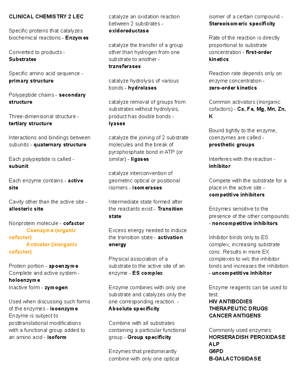 CC2 lec prelim reviewer-INC - CLINICAL CHEMISTRY 2 LEC Specific ...