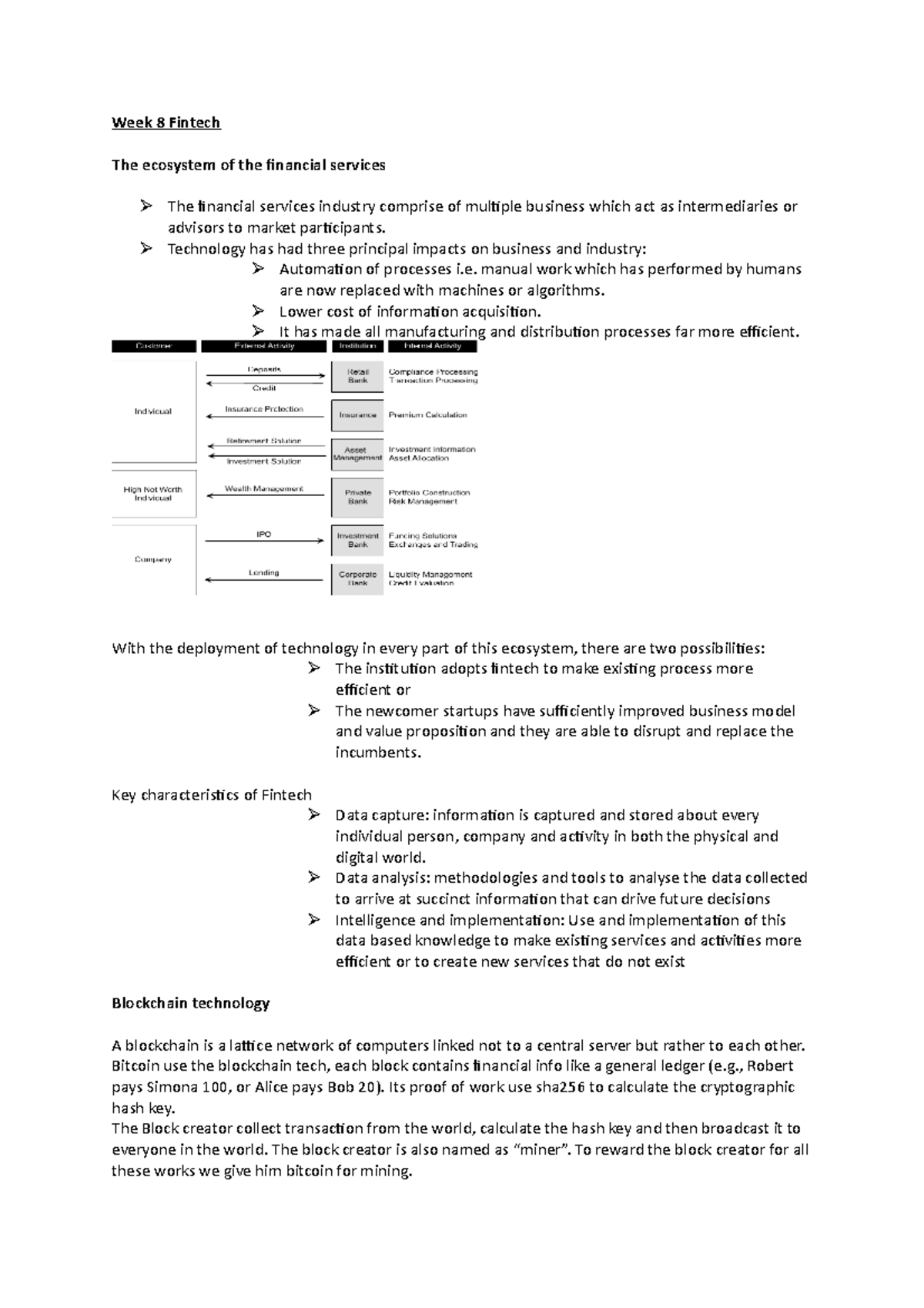 Week 8 Fintech - lecture notes - Week 8 Fintech The ecosystem of the ...