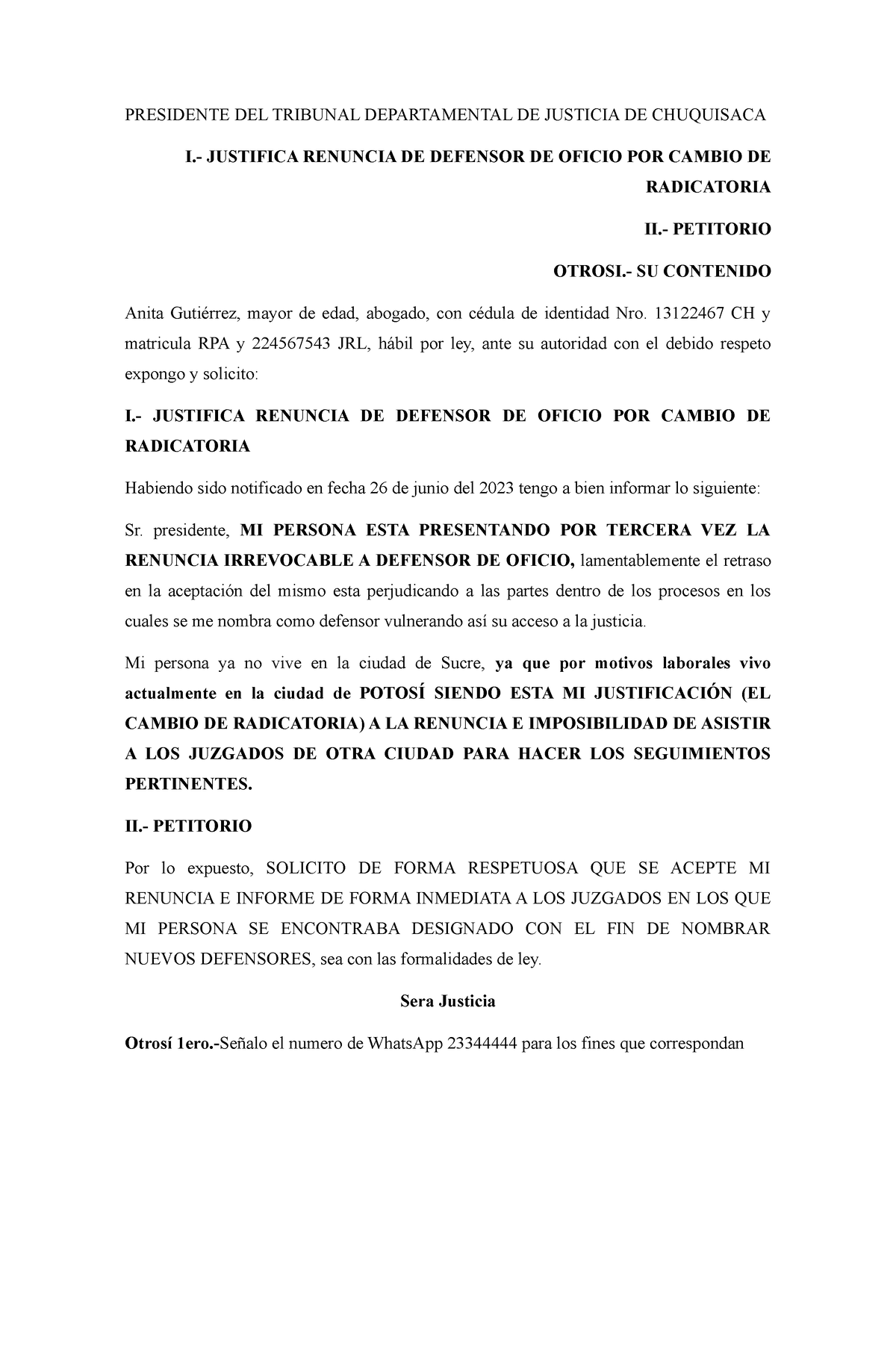 Renuncia Defensor Sub - PRESIDENTE DEL TRIBUNAL DEPARTAMENTAL DE ...