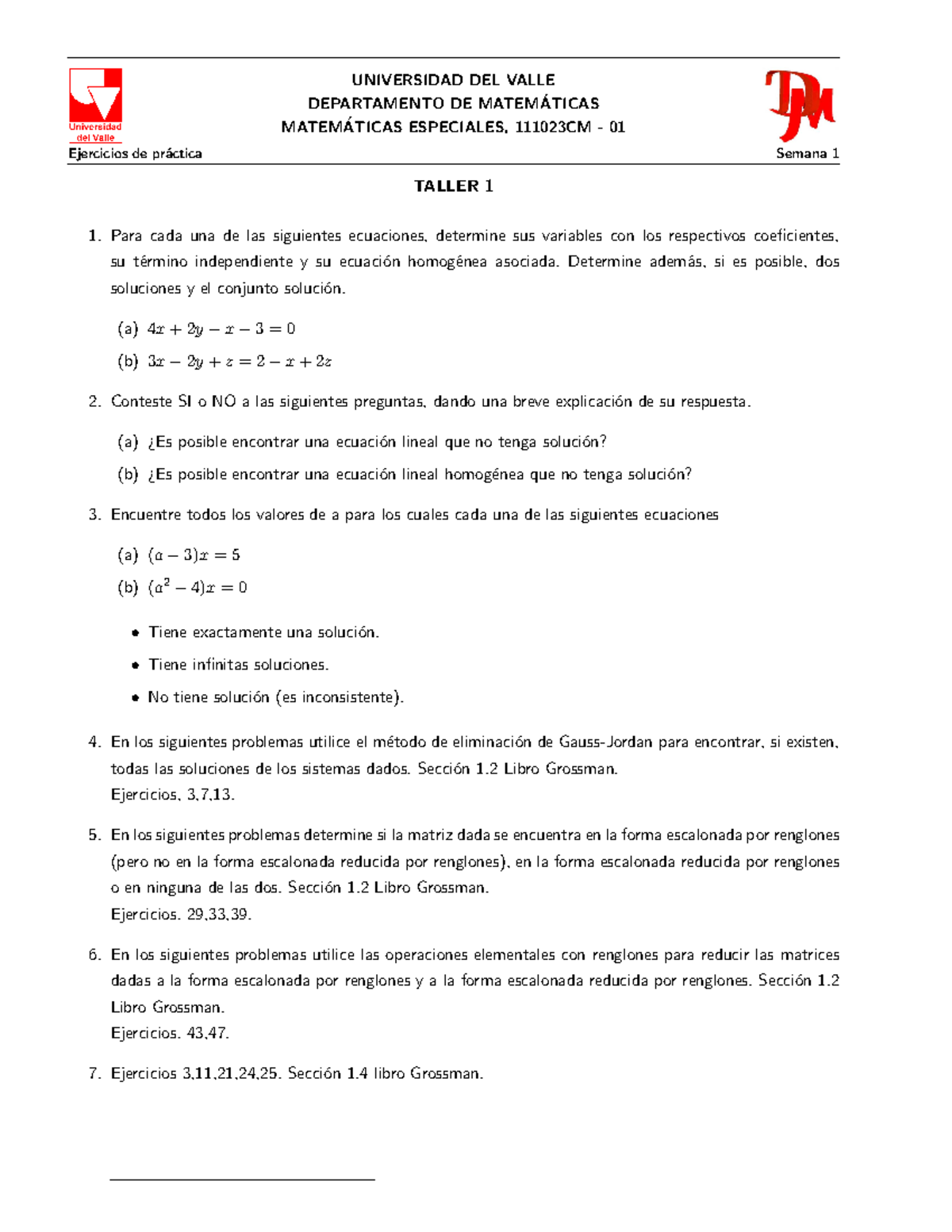 Taller 1 Taller Algebra Lineal Gauss Jordan Universidad Del Valle Departamento De Matem 8899