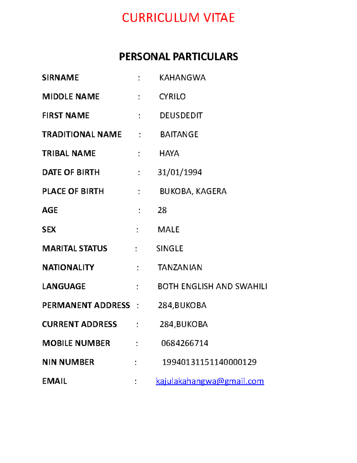 Baitange - ACHENI UJINGA - CURRICULUM VITAE PERSONAL PARTICULARS ...