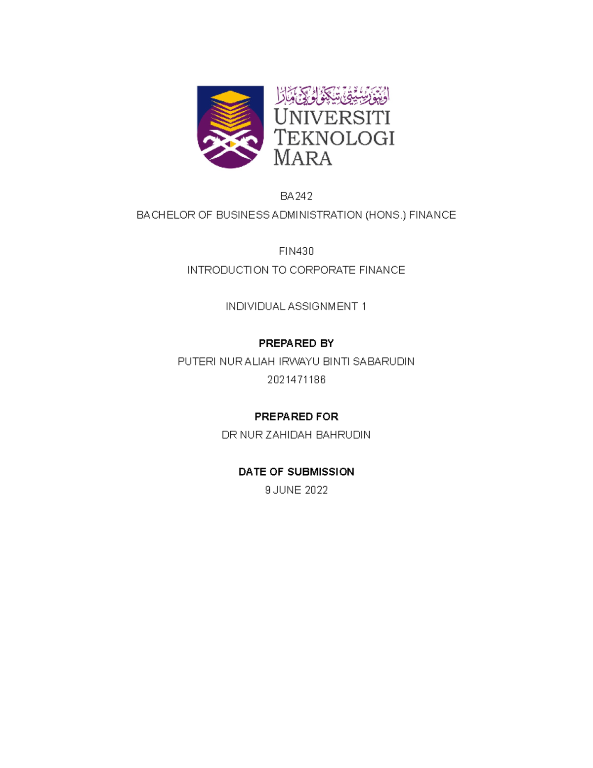 Fin430 - FACULTY BUSINESS AND MANAGEMENT UITM CAWANGAN SELANGOR - BA ...