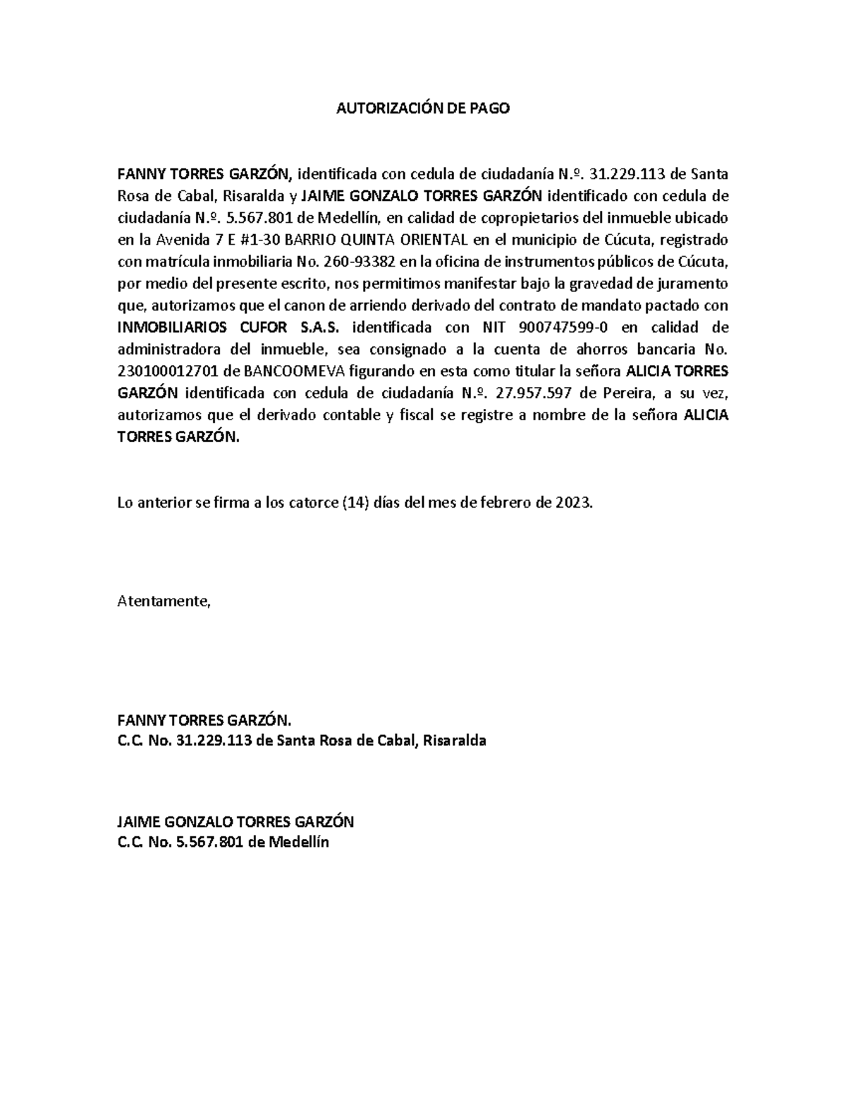 Autorizacion DE PAGO Alicia Torres Garzon - AUTORIZACIÓN DE PAGO FANNY ...