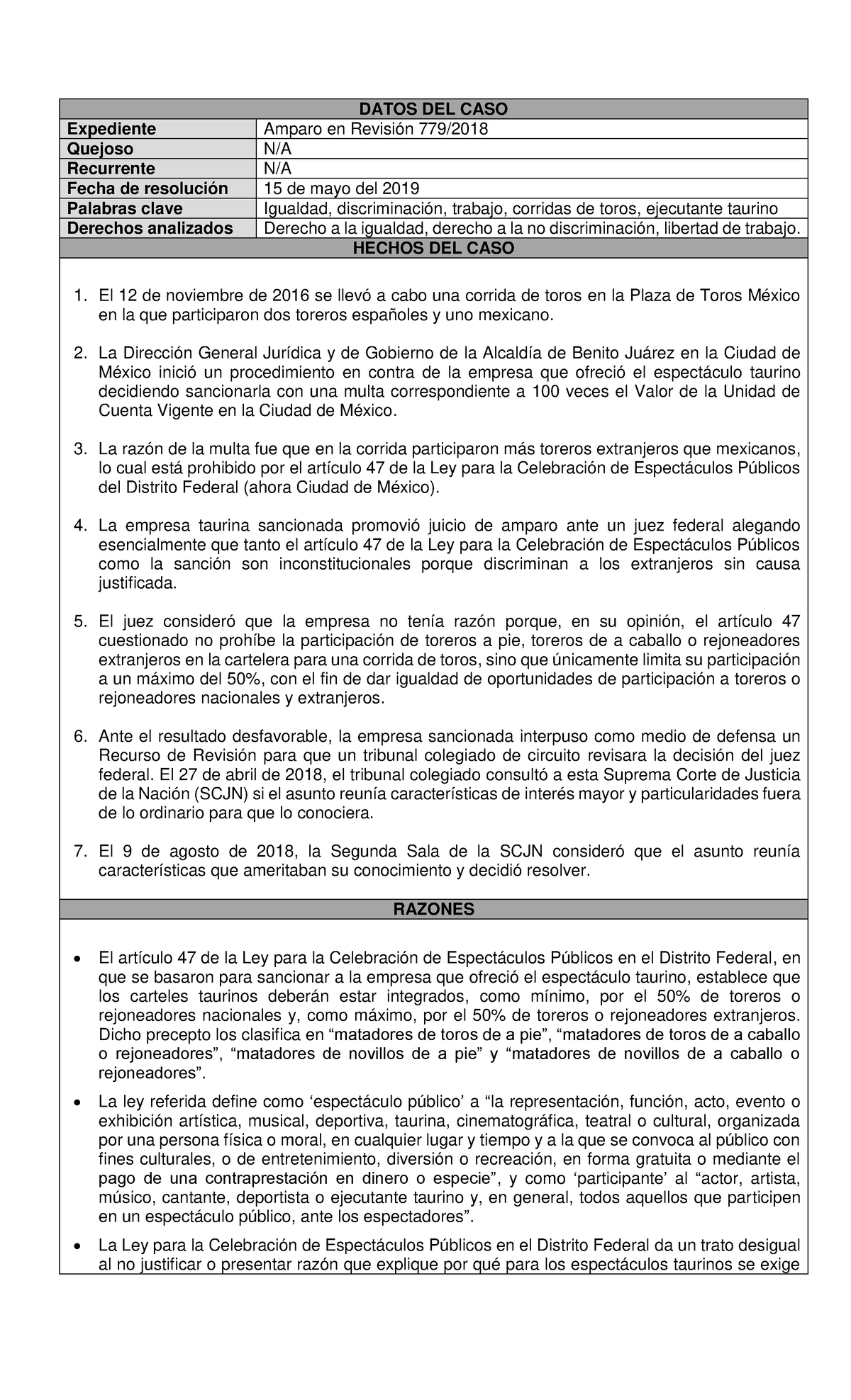 Toros - Ingles - DATOS DEL CASO Expediente Amparo En Revisión 779 /201 ...