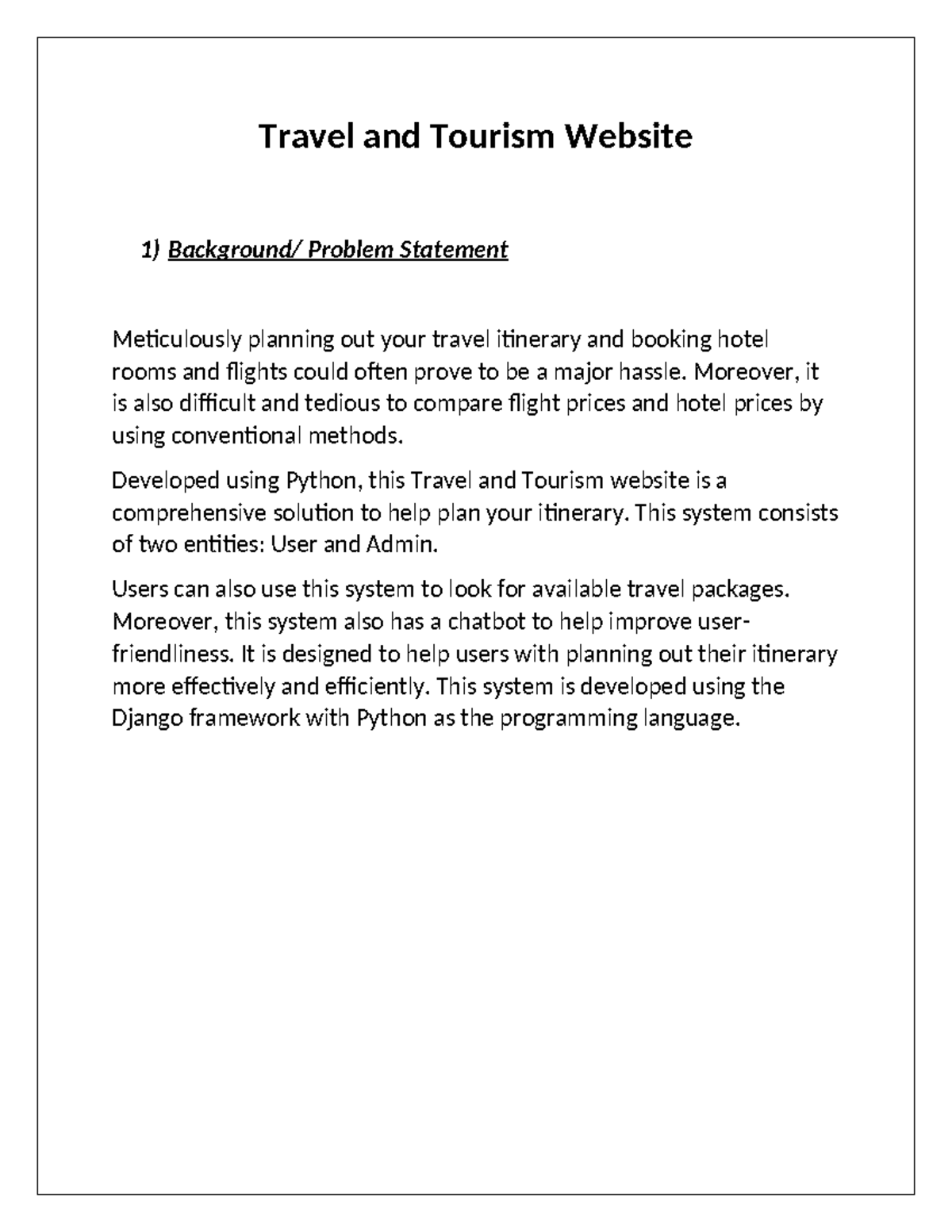 PY085 - Travel and Tourism Website 1) Background/ Problem Statement ...
