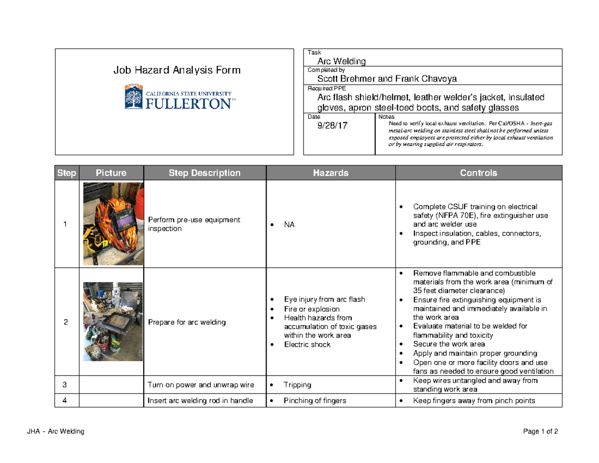 Arc Welding - HSC job hazards analize - JHA - Arc Welding Page 1 of 2 ...