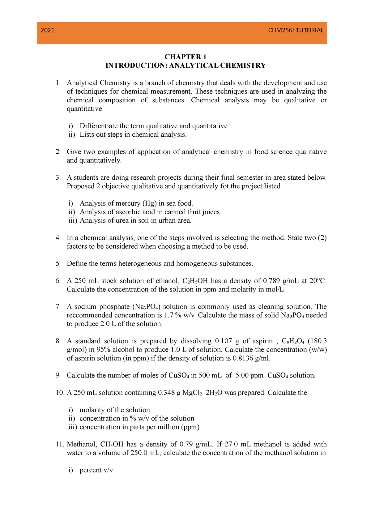 CHM256 Tutorial Chapter 1 Analytical Chemistry - 2021 CHM256: TUTORIAL ...