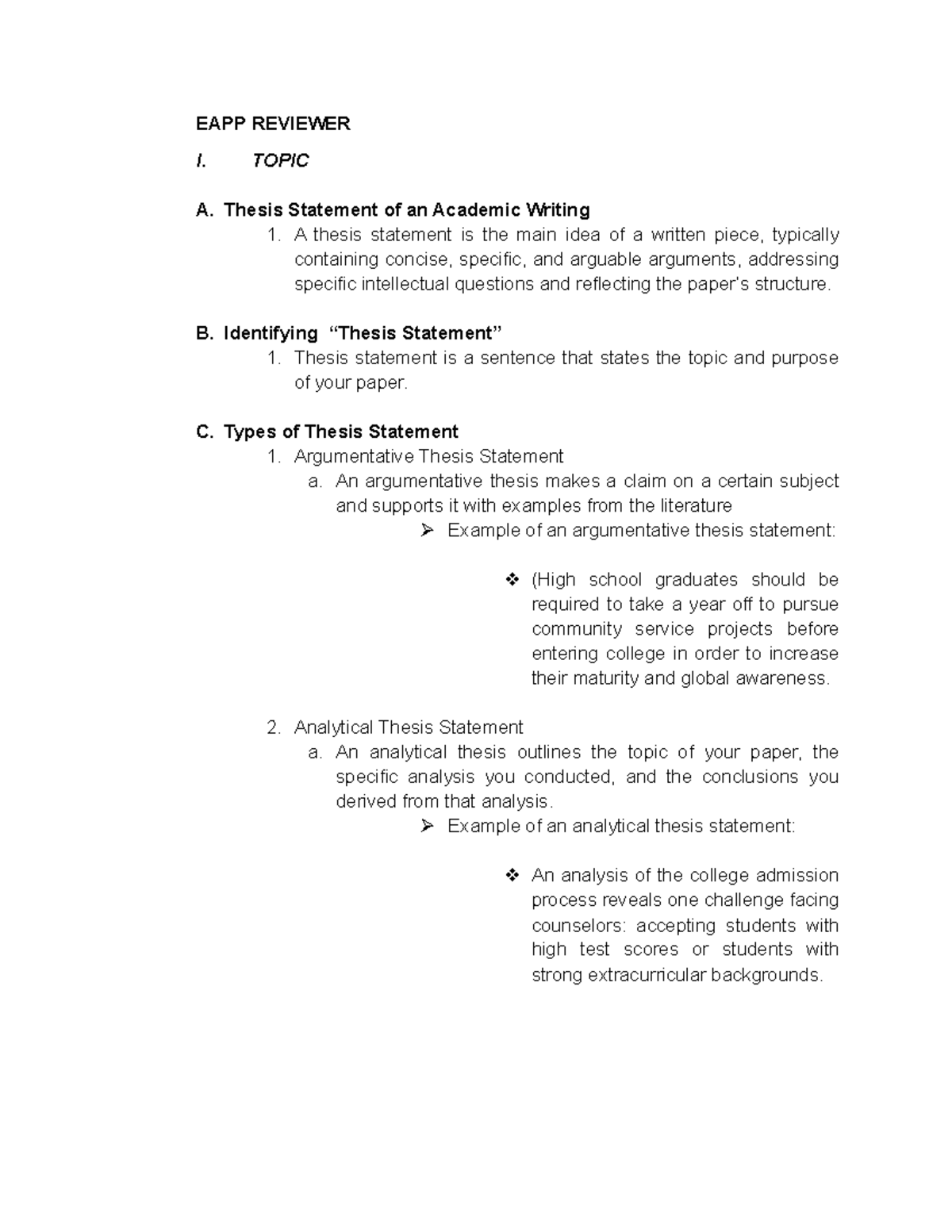 Hannaur - meh - EAPP REVIEWER I. TOPIC A. Thesis Statement of an ...