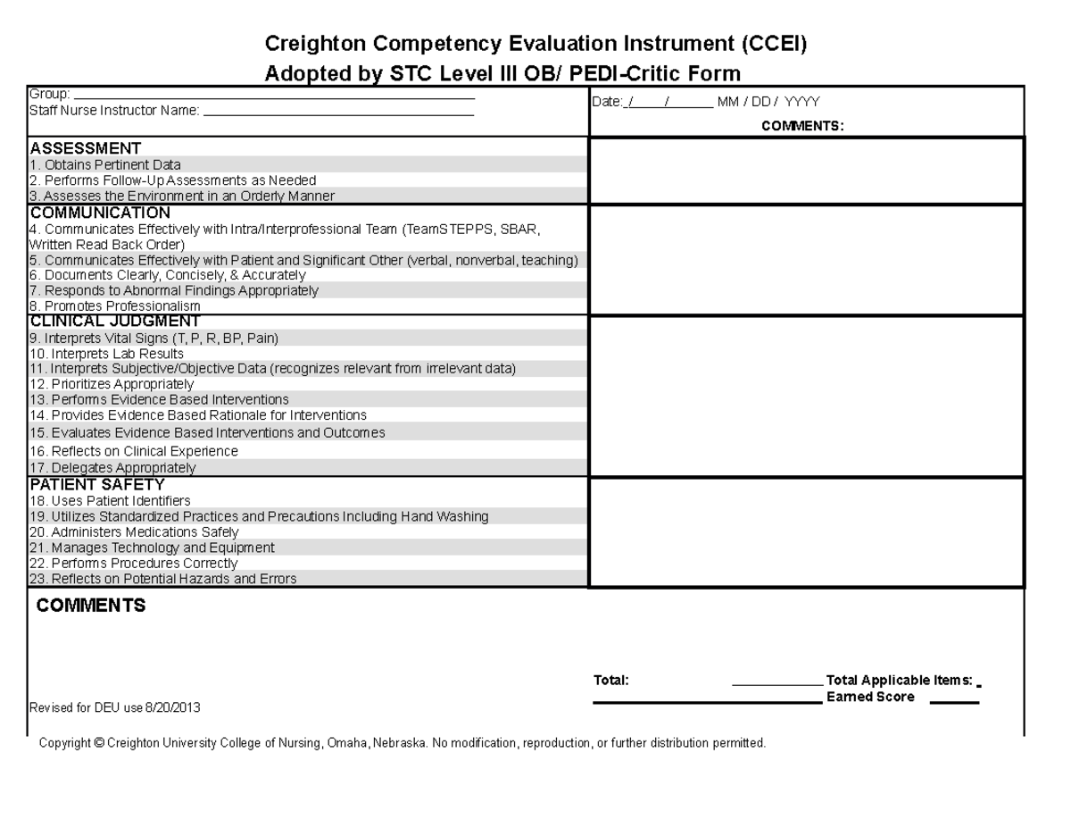 CCEI Simulation critic forms Creighton Competency Evaluation