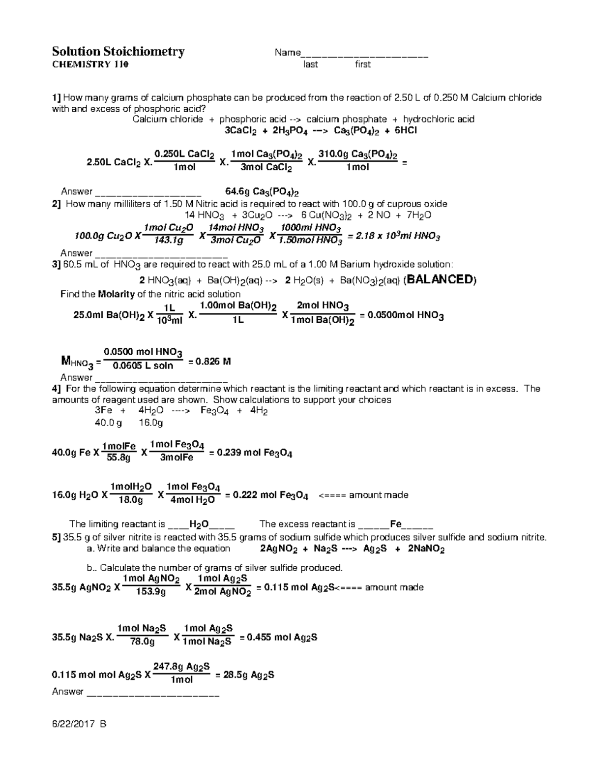 110 WS Solution Stoichiometry Key - 6/22/2017 B Solution Stoichiometry ...