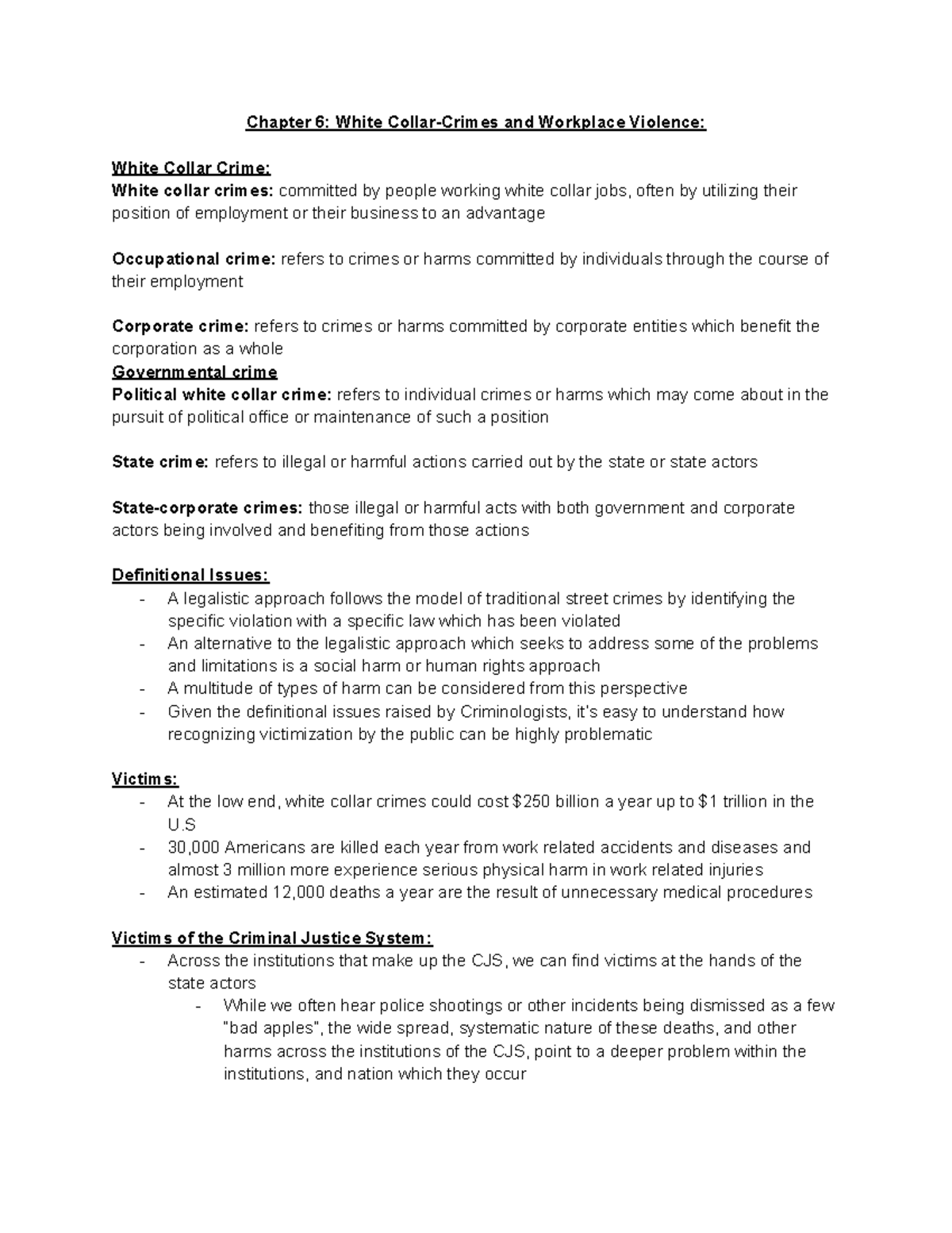 Victims 6 Class Notes Chapter 6 White CollarCrimes and Workplace Violence White Collar