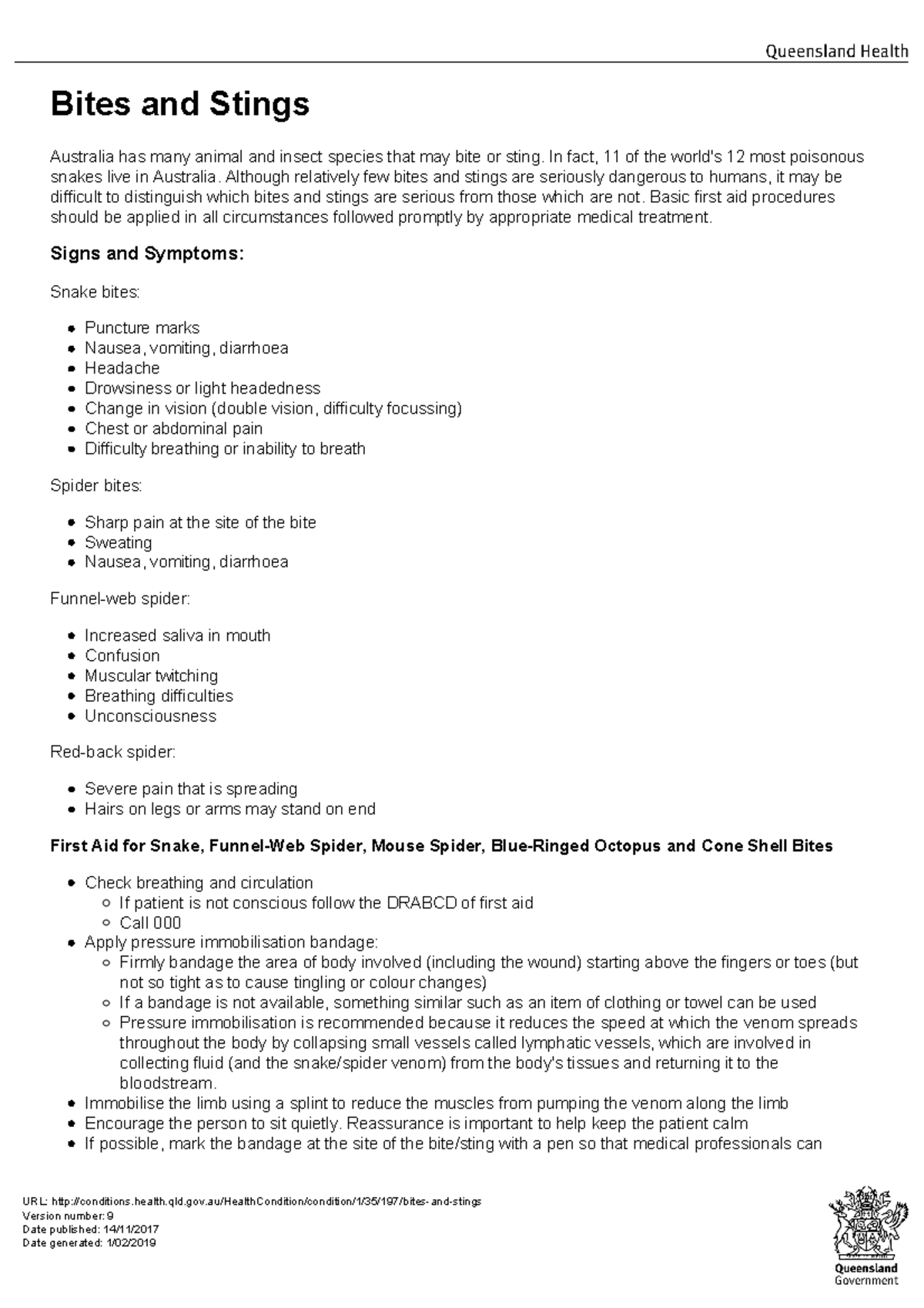 Bites And Stings Qld Health, Australia - Bites And Stings - Studocu