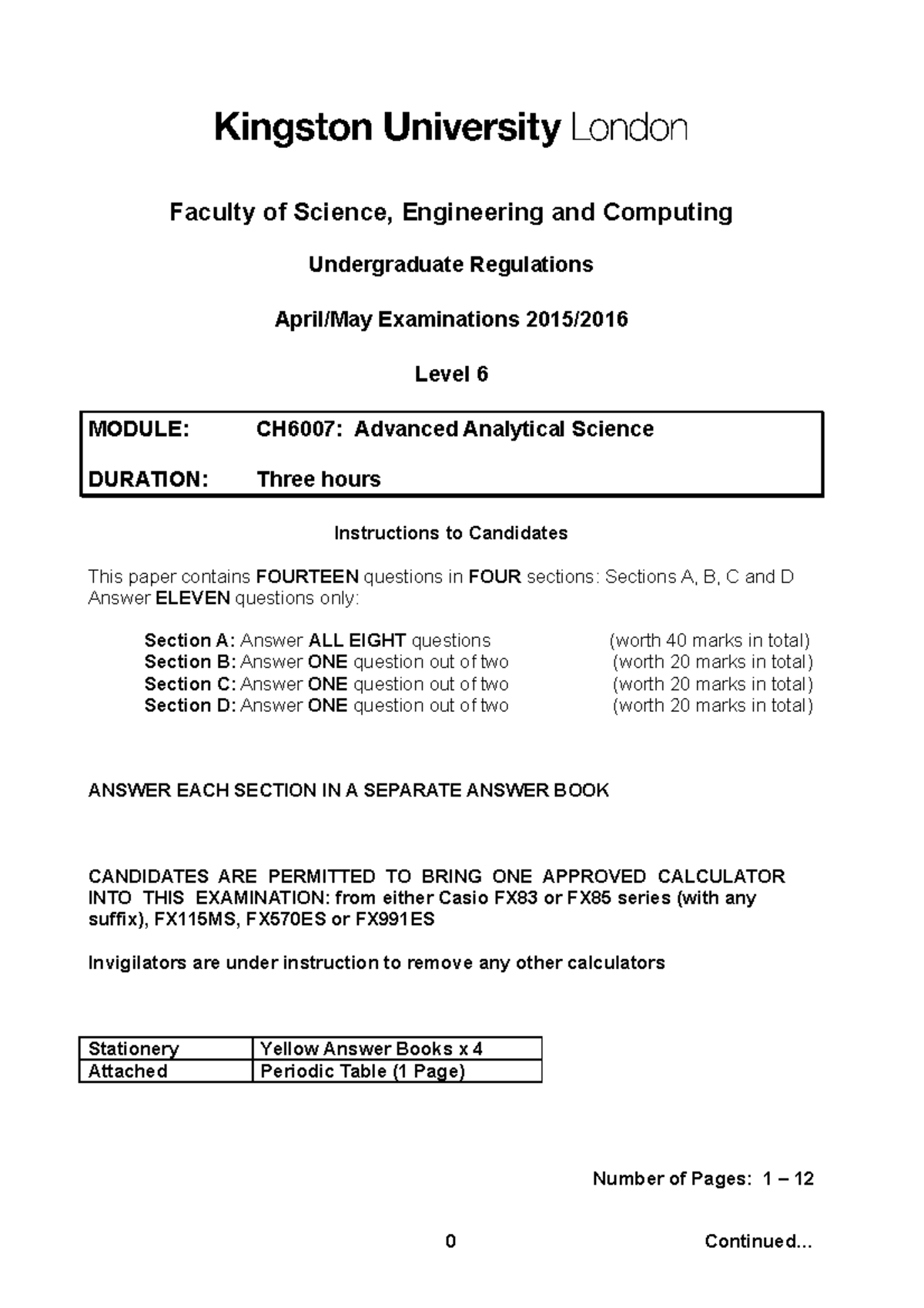 Advanced Analytical Science 2015/16 Faculty of Science, Engineering