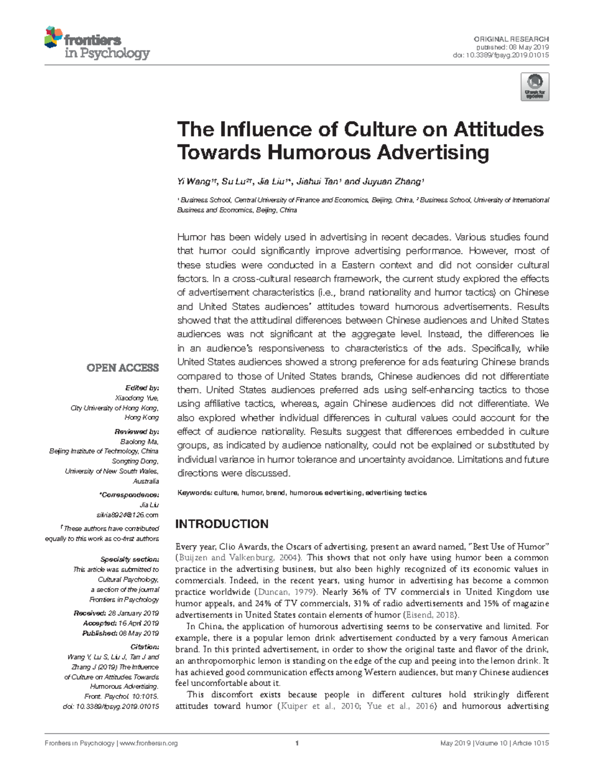 Wang et al - wang et al - ORIGINAL RESEARCH published: 08 May 2019 doi ...
