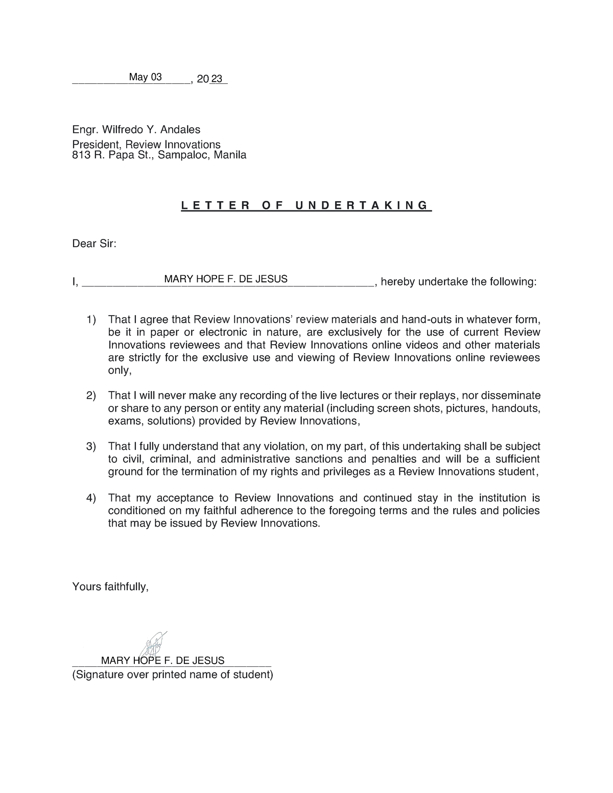 Letter of undertaking - ________________, 20 Engr. Wilfredo Y. Andales ...