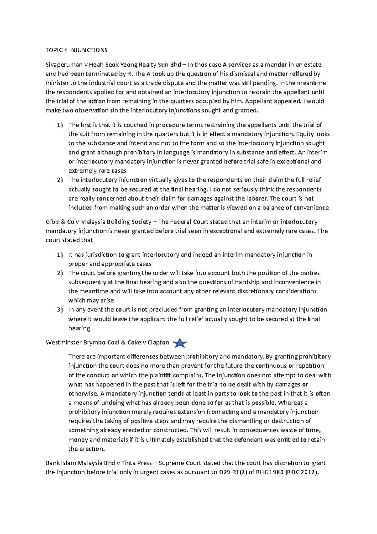 Topic 4 Injunctions Cases - Topic 4 Injunctions Sivaperuman V Heah Seok 