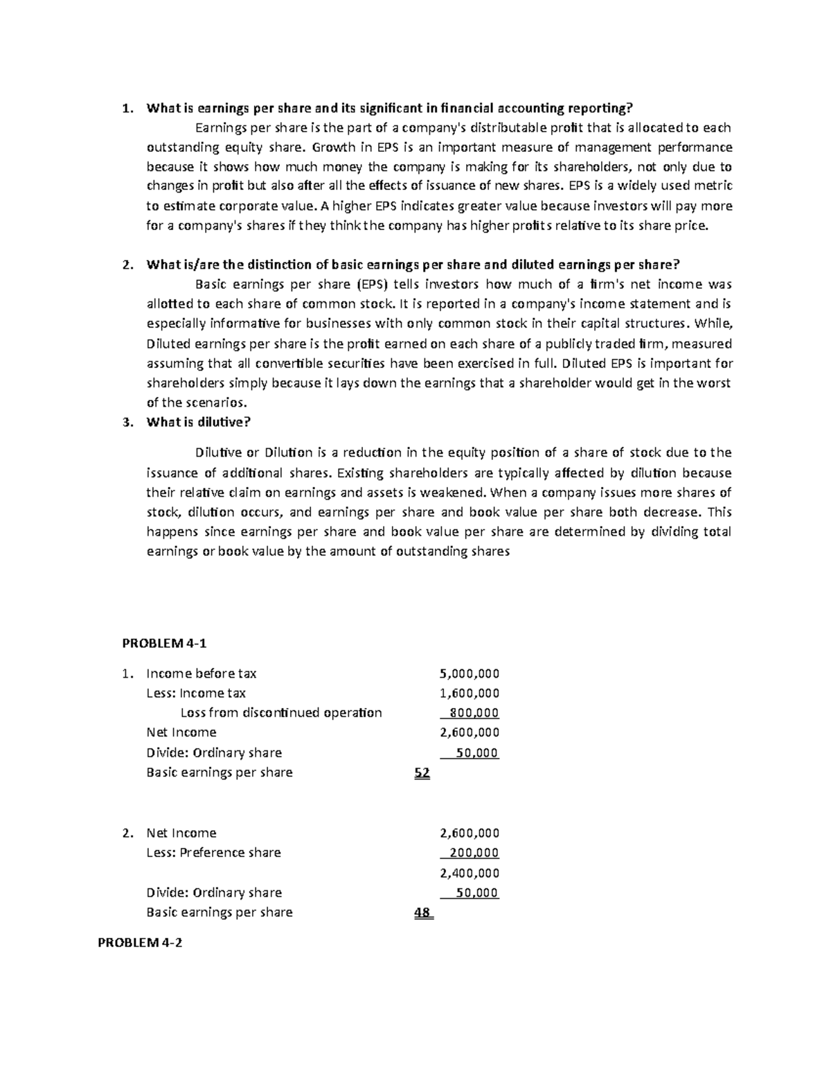 UNIT 4 Intermediate Accounting 3 1. What is earnings per share and