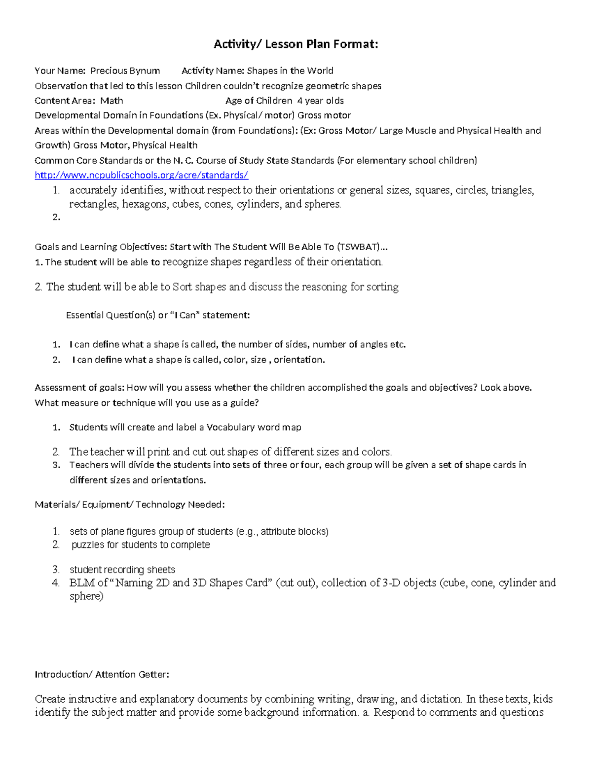 Lesson Plan (measurements) - Activity/ Lesson Plan Format: Your Name ...