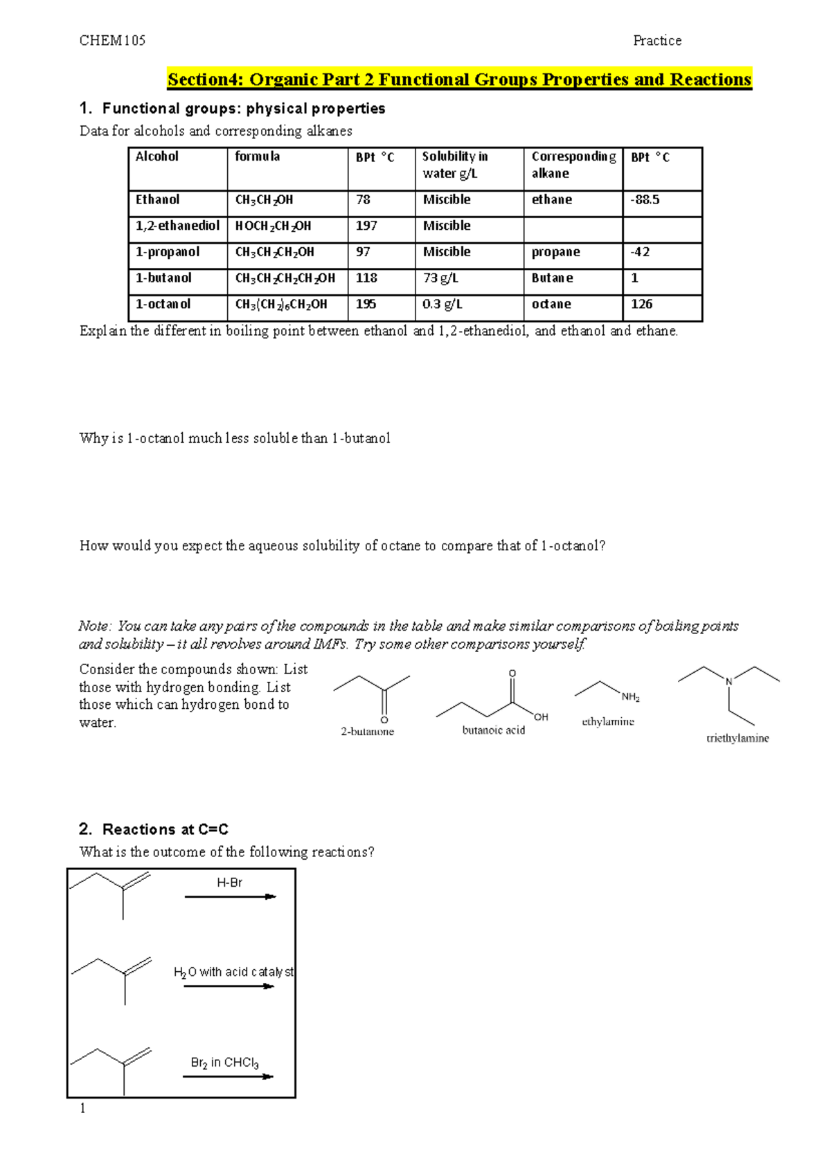 Chem105 Section 4 Organic Functional Group Chemistry Practice Questions Section4 Organic Part