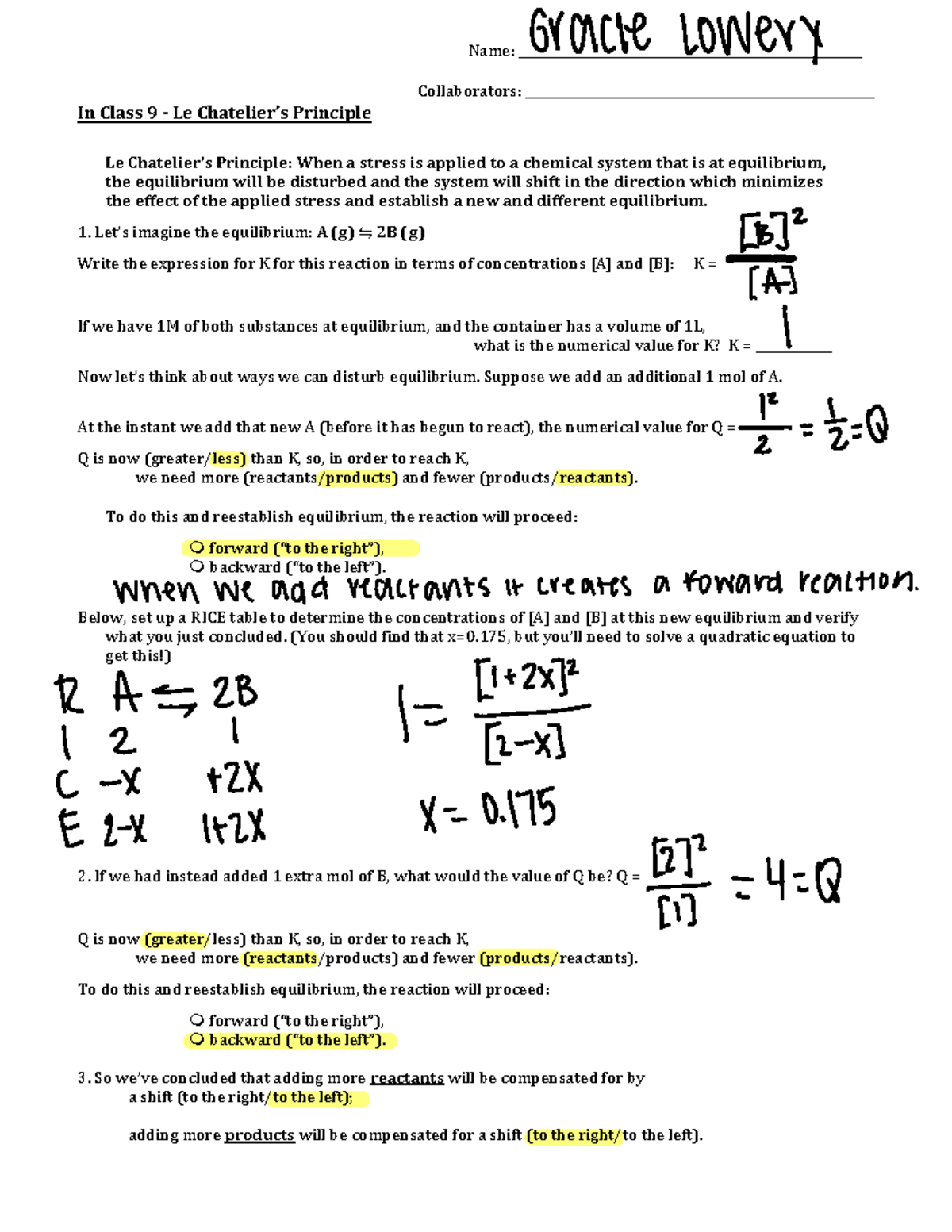 LeChatelier's Principle-1 - Name