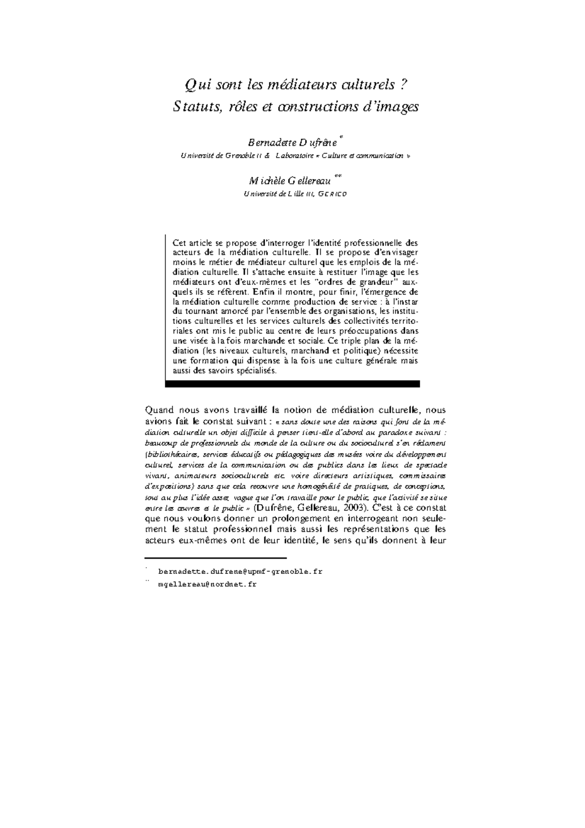 DufreneGellereau articles Qui sont les médiateurs culturels