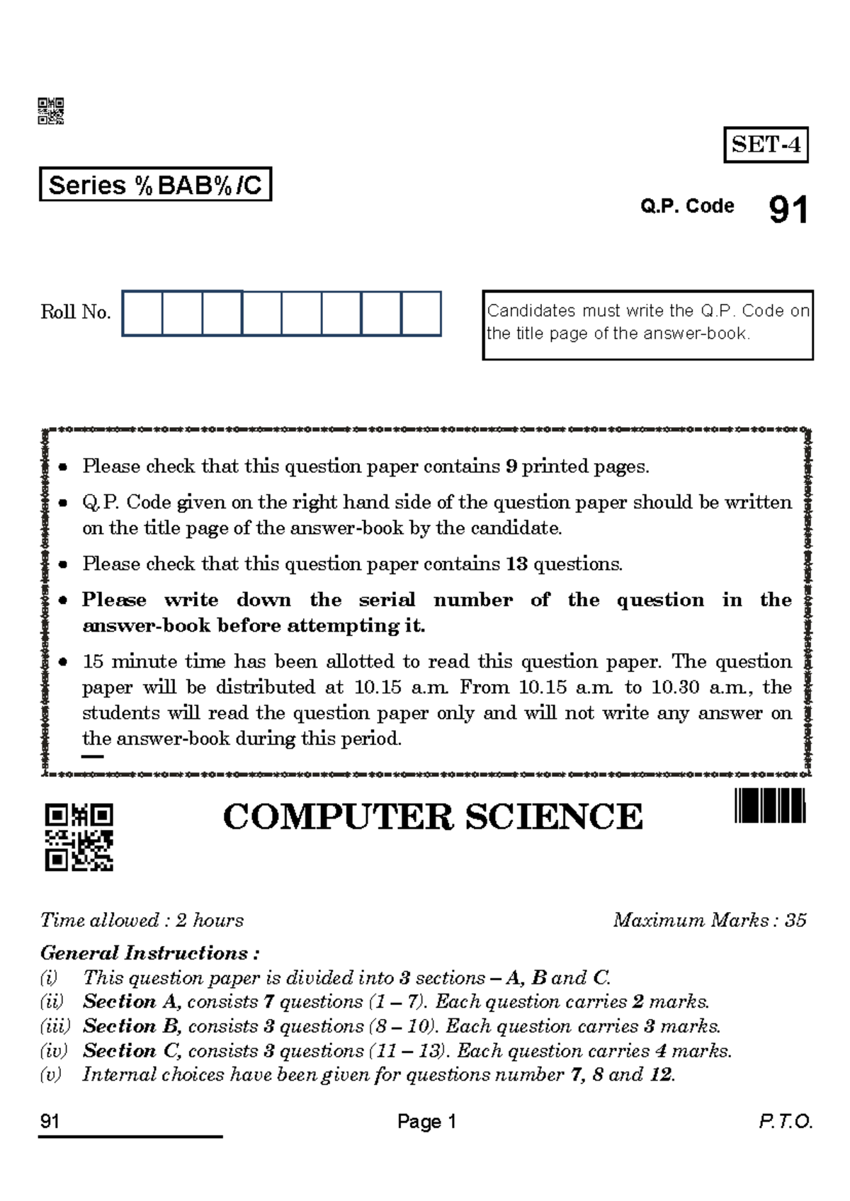 91 computer science - CS paper - 91 Page 1 P.T. Candidates must write ...