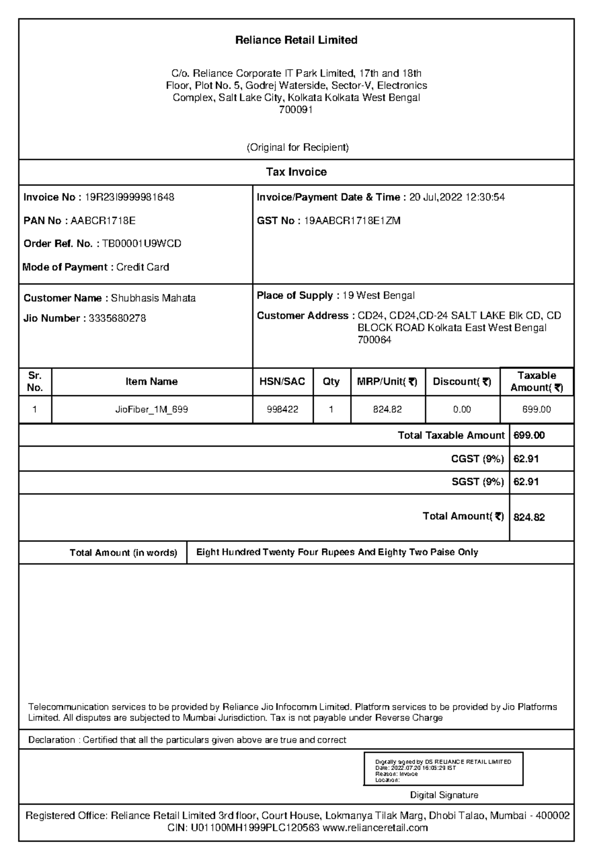 Invoice Good Tax Invoice Original For Recipient Reliance Retail 