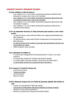 Risposte Multiple Domande Impianti - RISPOSTE MULTIPLE DOMANDE IMPIANTI Una  caldaia a tubi di fumo - Studocu