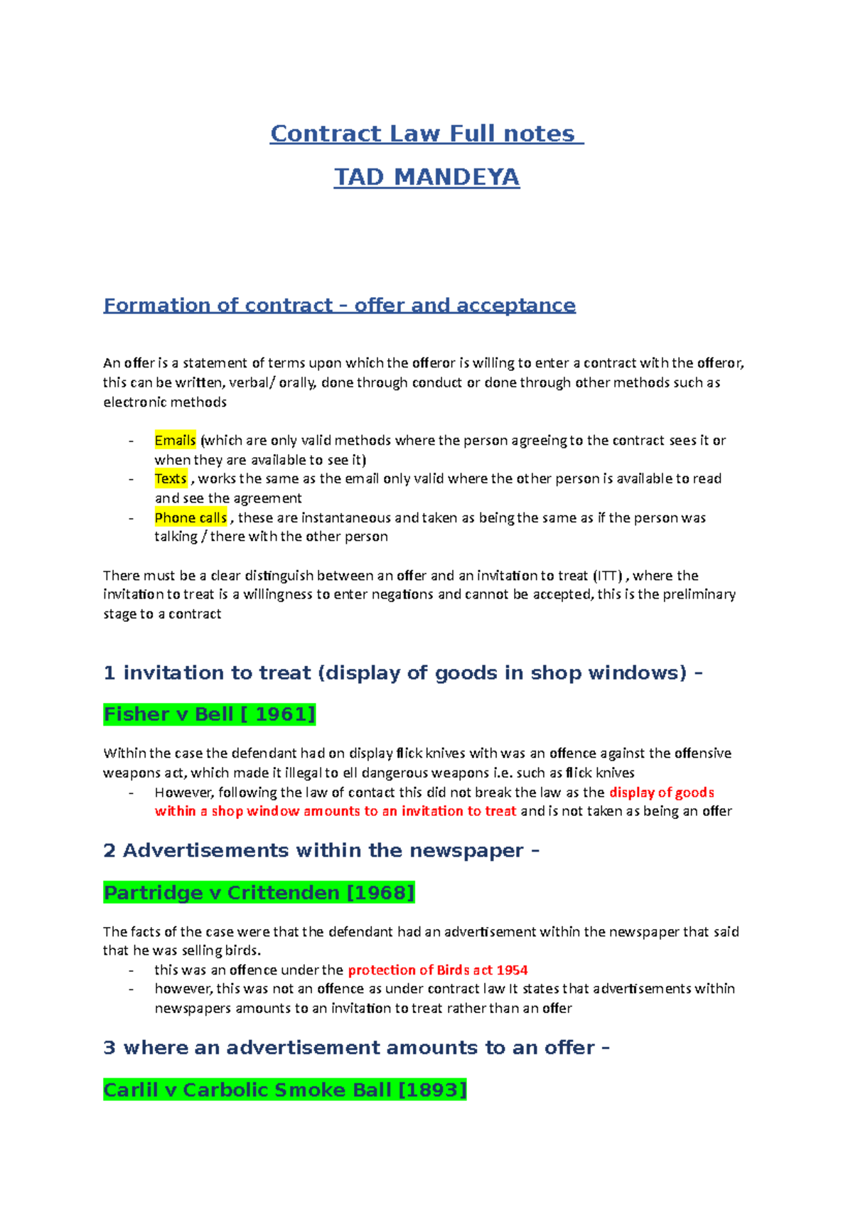 Contract Law: Formation of Contract Offer and Acceptance - Studocu