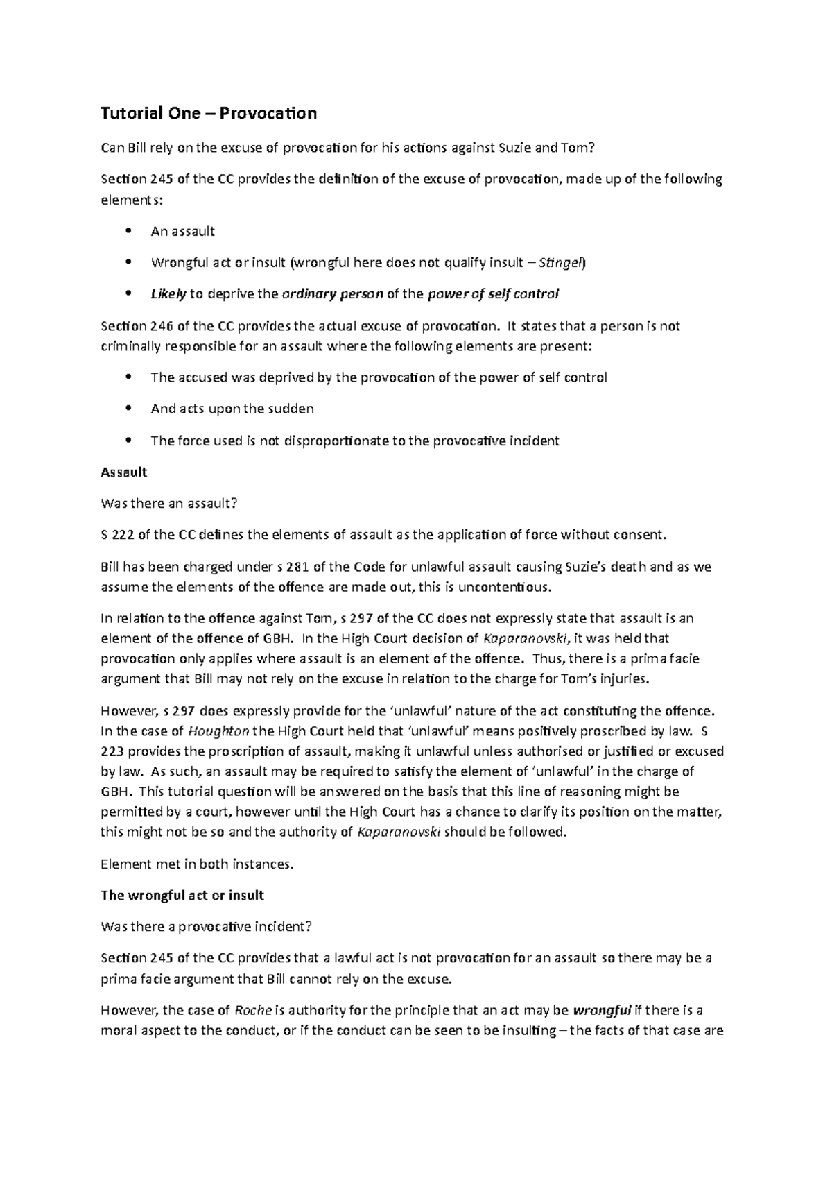Tutorial answers - Tutorial One – Provocation Can Bill rely on the ...