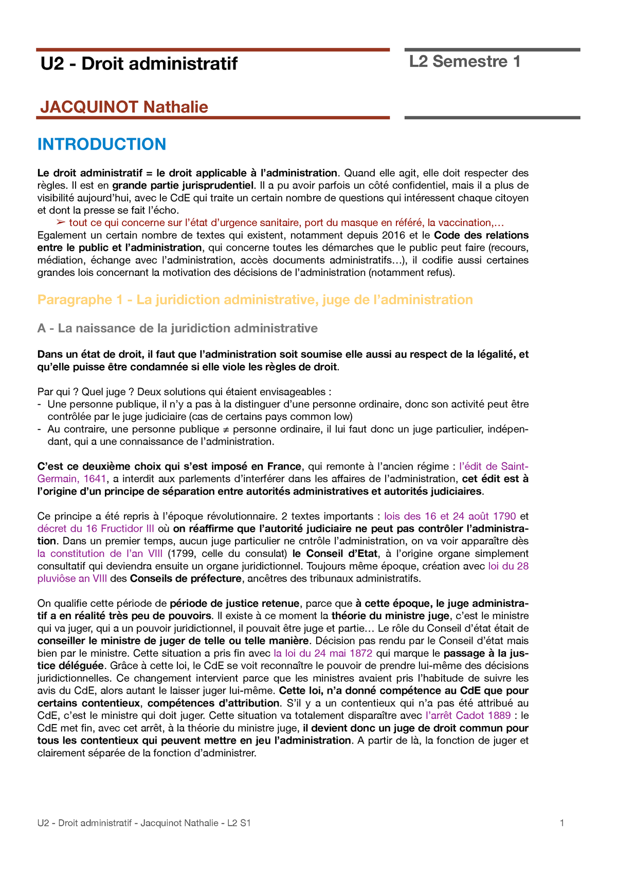 U2 Droit Administratif Semestre 1 - INTRODUCTION Le Droit Administratif ...