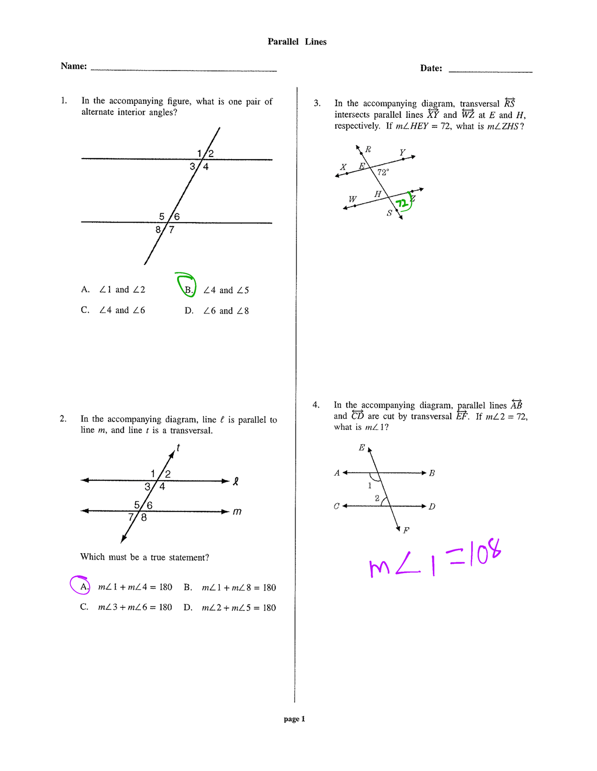 2.2 Parallel Lines Practice - Parallel Lines N ame: In the accompanying ...