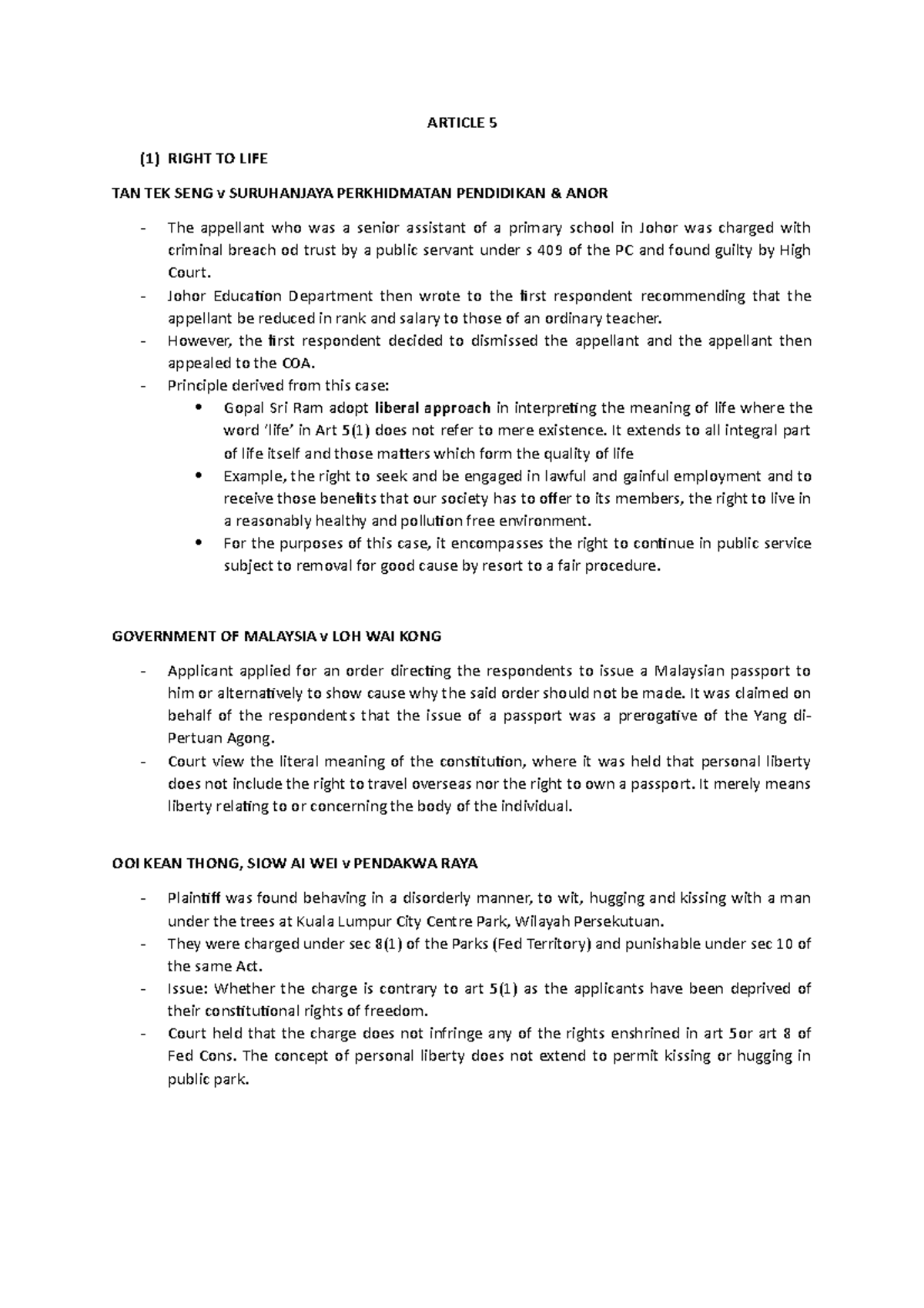 Notes FOR Consti - ARTICLE 5 (1) RIGHT TO LIFE TAN TEK SENG v 