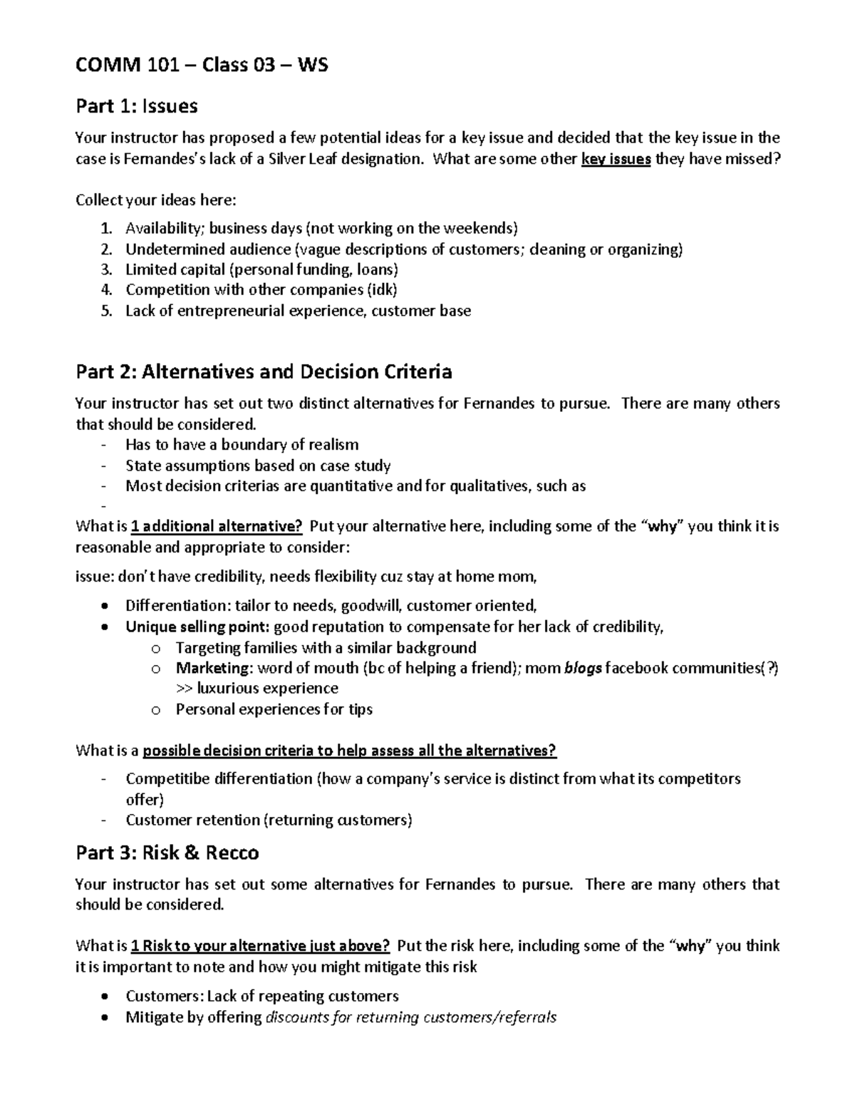 03-WS-Case - case - COMM 101 – Class 0 3 – WS Part 1: Issues Your ...