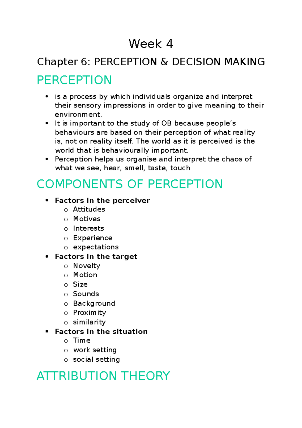 Ob lec 4 notes - Week 4 Chapter 6: PERCEPTION & DECISION MAKING ...
