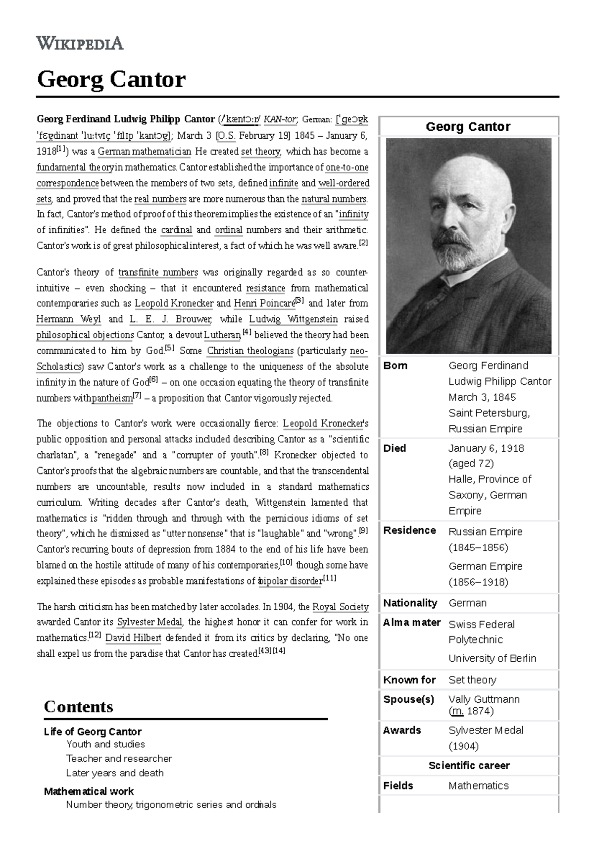Georg Cantor Wikipedia - Georg Cantor Born Georg Ferdinand Ludwig ...