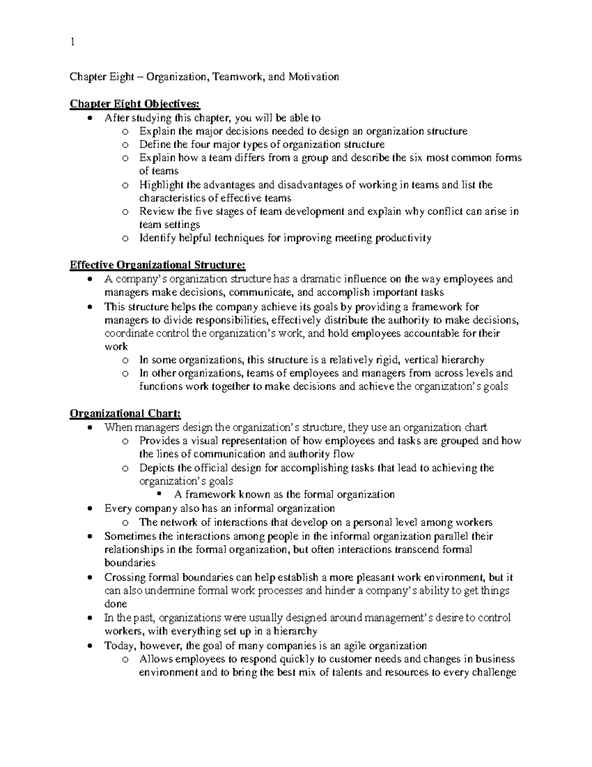 Chapter Eight Notes - Davis - 1 Chapter Eight Organization, Teamwork ...