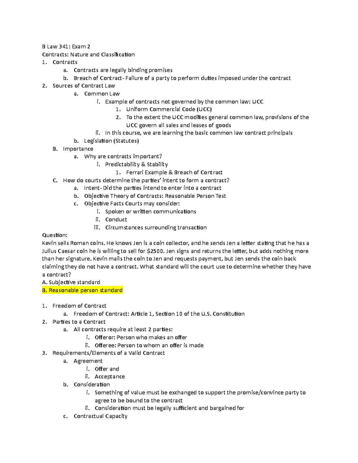 B Law 341 Exam 2 - Exam 2 Notes - B Law 341: Exam 2 Contracts: Nature ...