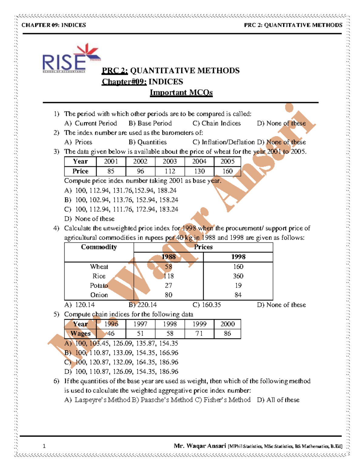 QM Ch#09 (Imp. MCQs) - PRC 2: QUANTITATIVE METHODS Chapter#09: INDICES ...