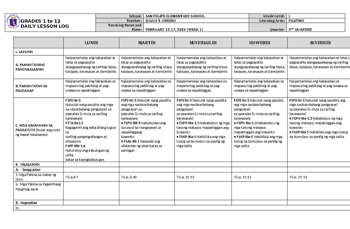 DLL Filipino 1 Q3 W1 - READY - GRADES 1 to 12 DAILY LESSON LOG School ...