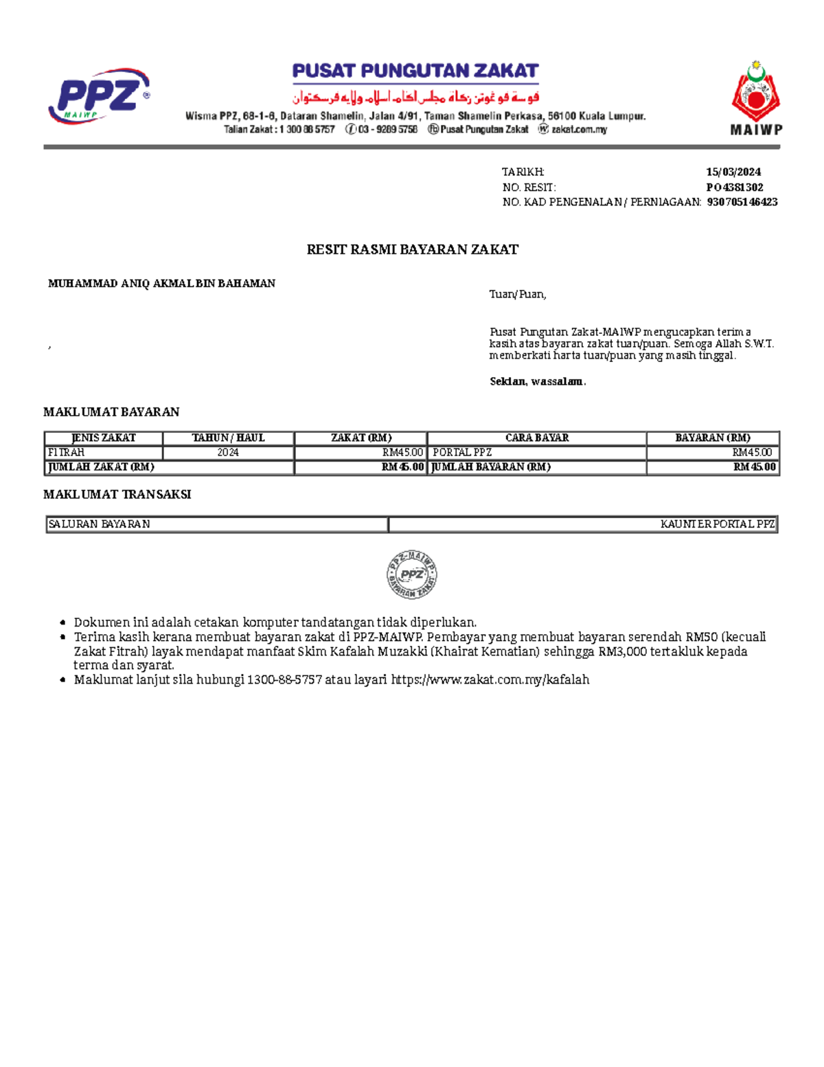 Resit Zakat - very nice - TARIKH: 15/03/ NO. RESIT: PO NO. KAD ...