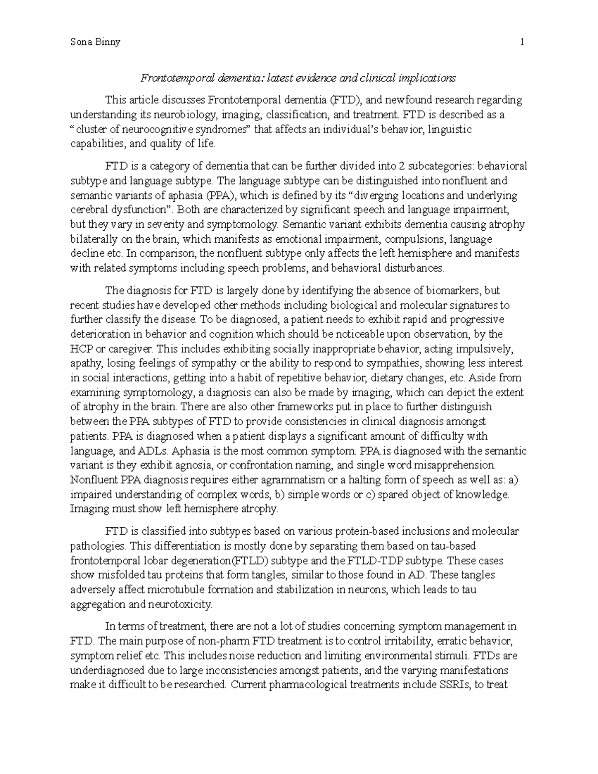 Article week 5 psych - if i fhf ifi fi i - Sona Binny 1 Frontotemporal ...