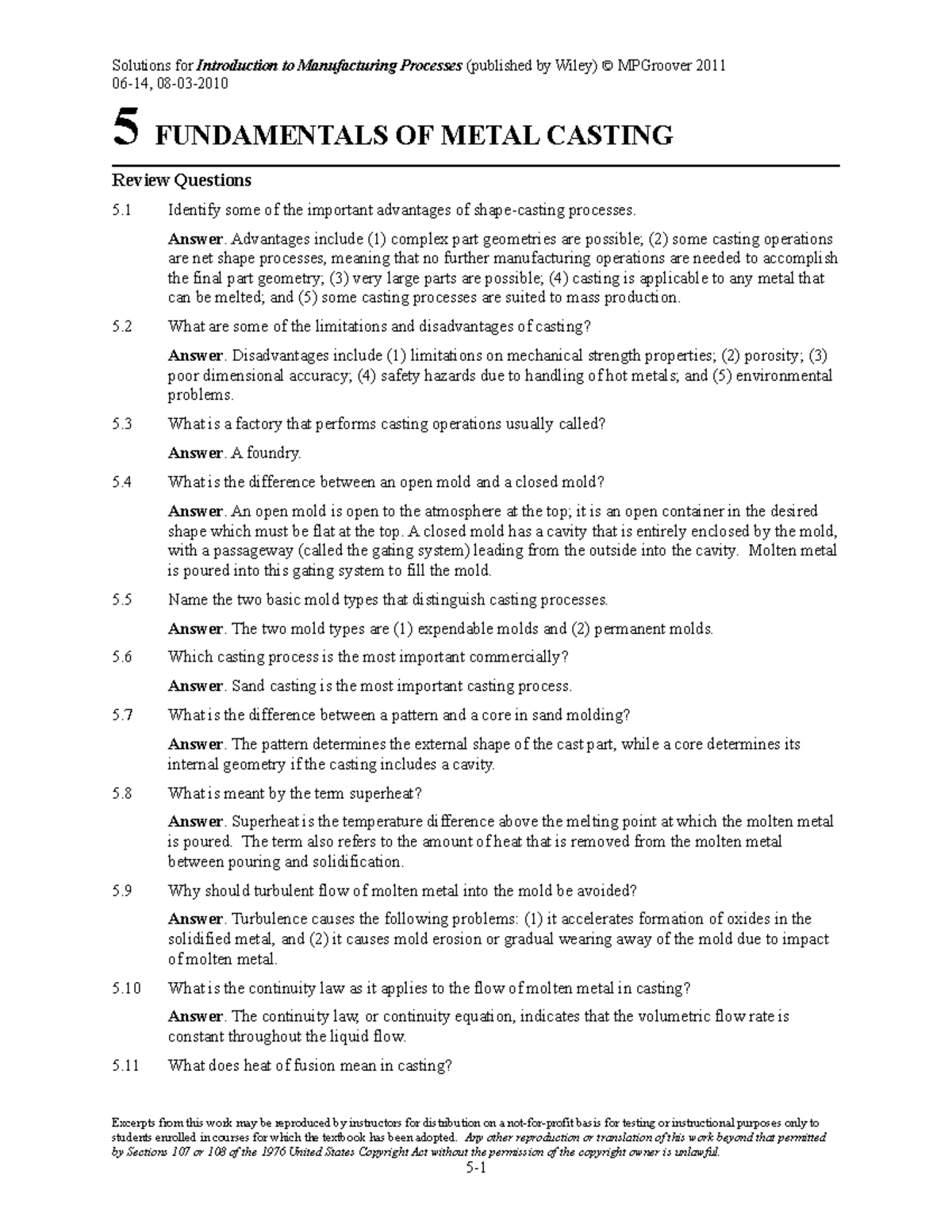 기계공작법 챕터5 솔루션입니다.영어 - 06-14, 08-03- 5 FUNDAMENTALS OF METAL CASTING ...