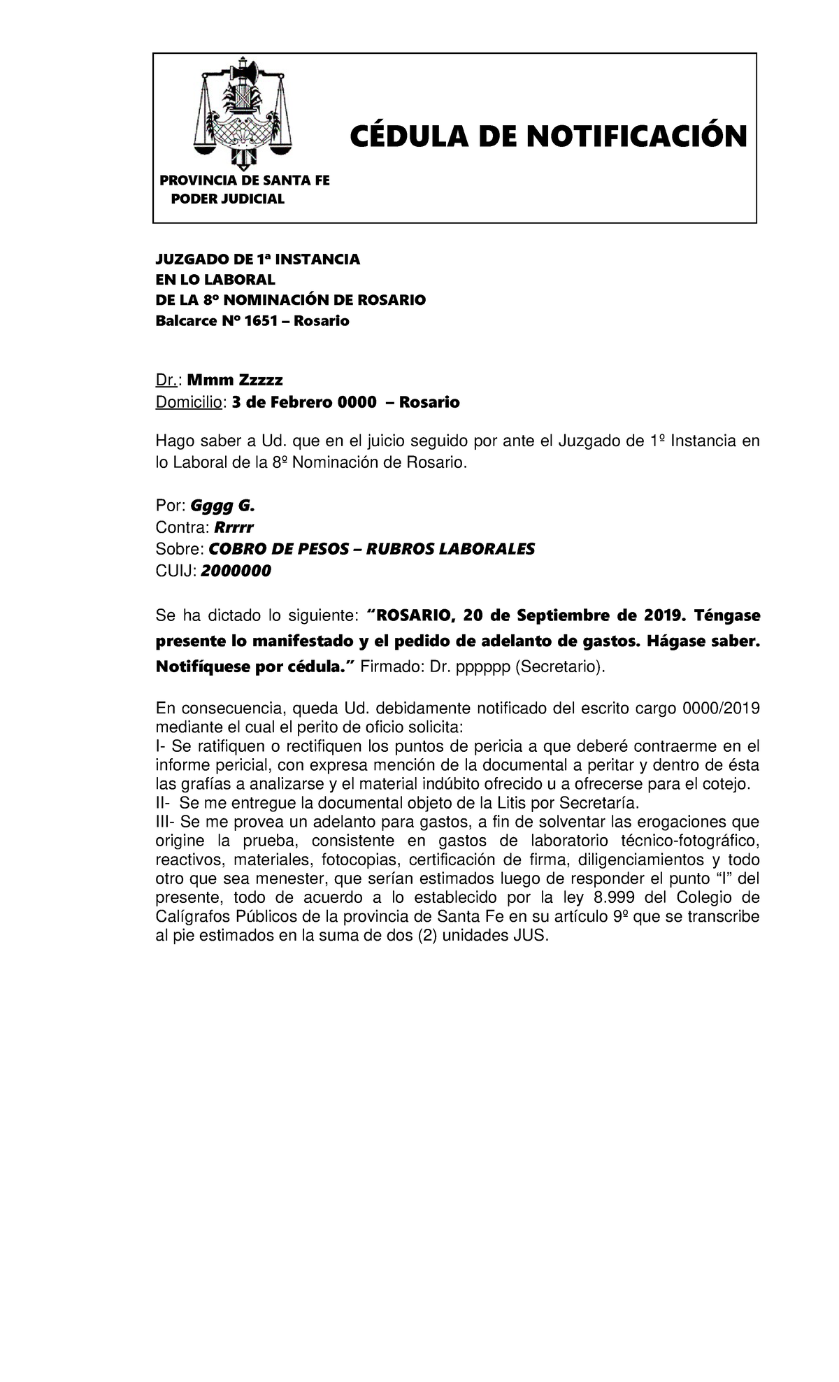 Modelo Cédula Judicial CÉdula De NotificaciÓn Provincia De Santa Fe Poder Judicial Juzgado De 2314