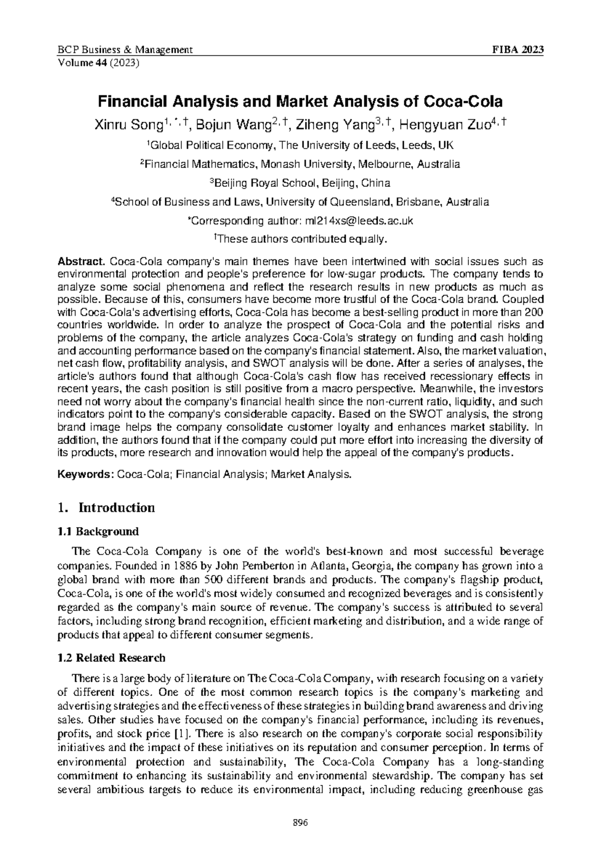 Financial Analysis and Market Analysis of Coca-Col - ac †These authors ...