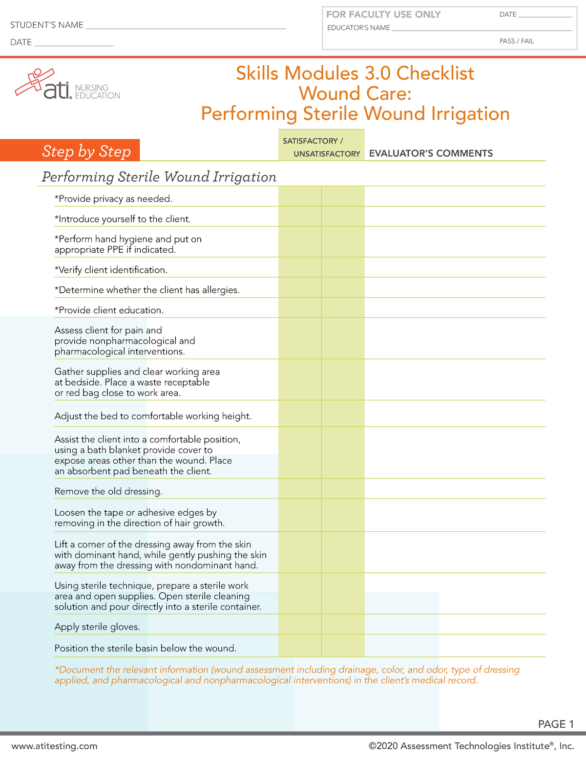 Ati Wound Care Performing sterile wound irrigation checklist EDUCATOR