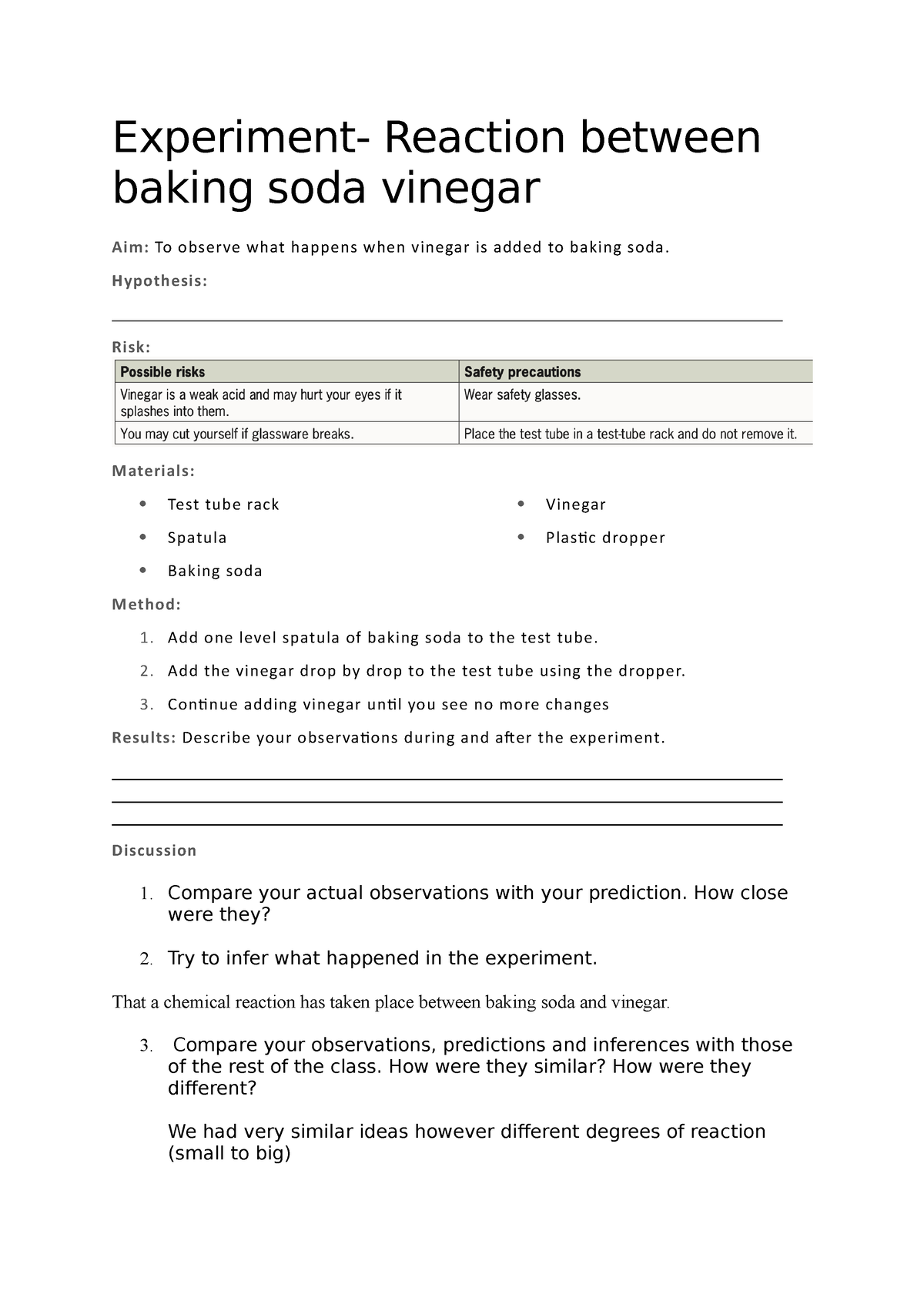 Experiment Class Worksheet Baking Soda and Vinagar Experiment