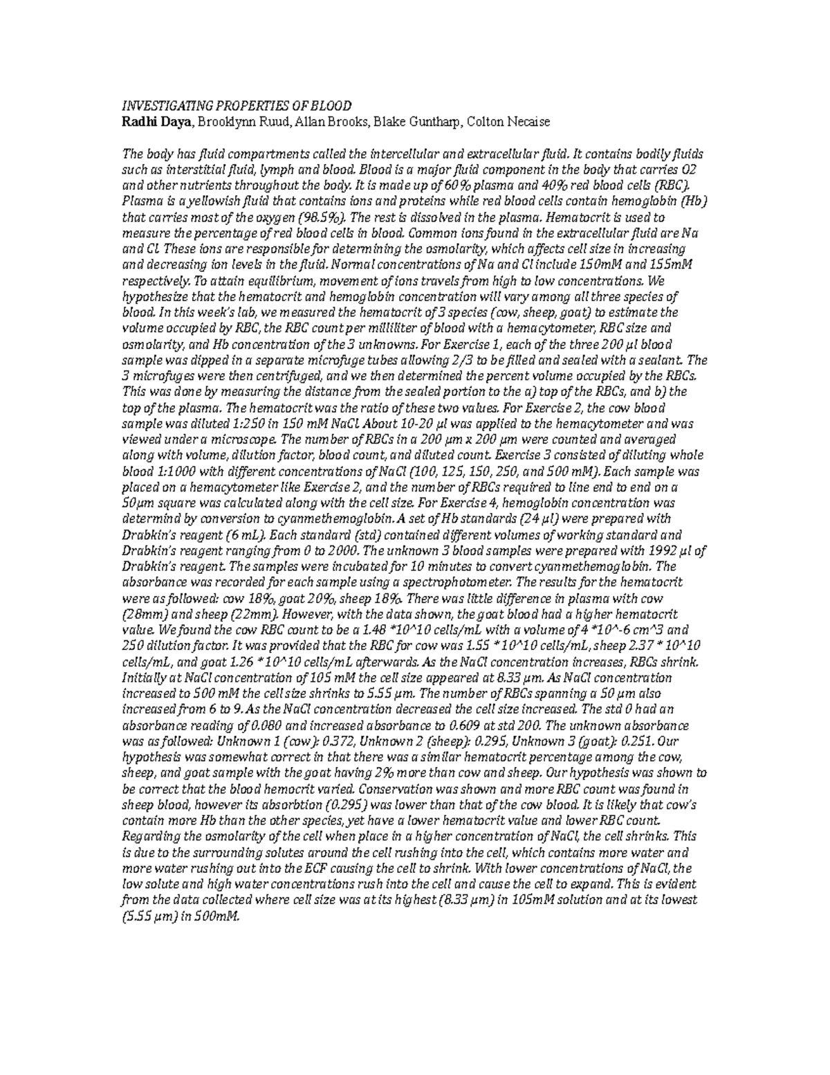 Abstract 6 - Grade: A - INVESTIGATING PROPERTIES OF BLOOD Radhi Daya ...