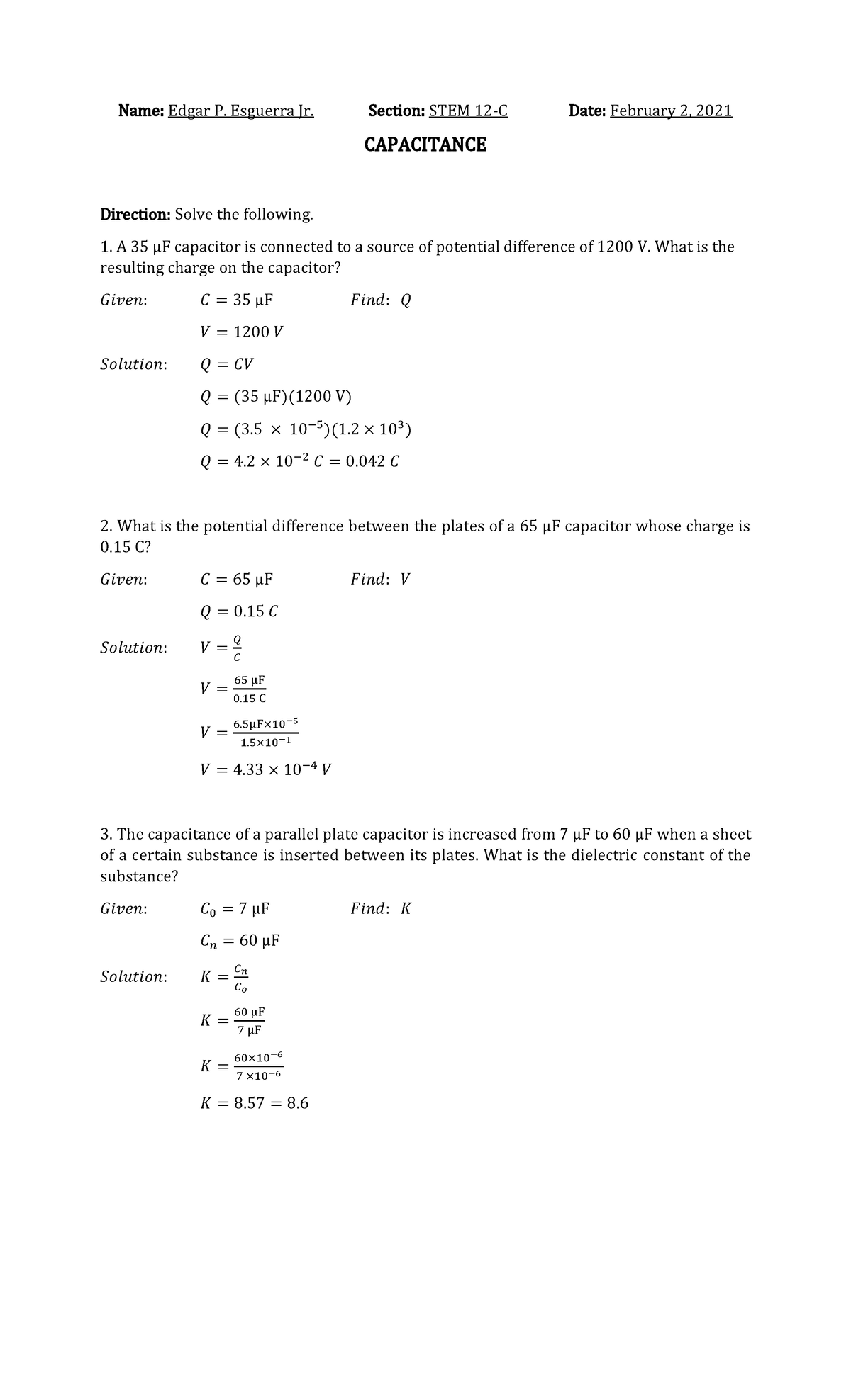 Capacitance - assignment - Name: Edgar P. Esguerra Jr. Section: STEM 12 ...