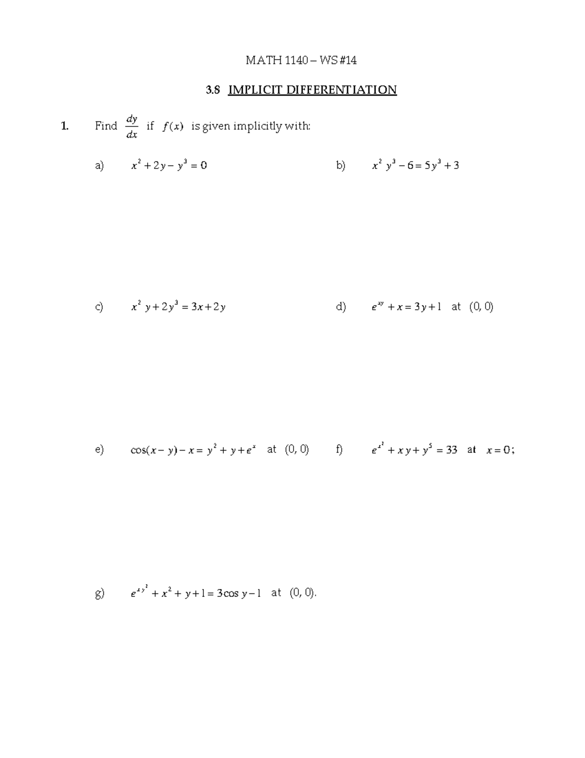 Math 1140, WS #14, Implicit Differentiation - MATH 1140 – WS #14 3 ...